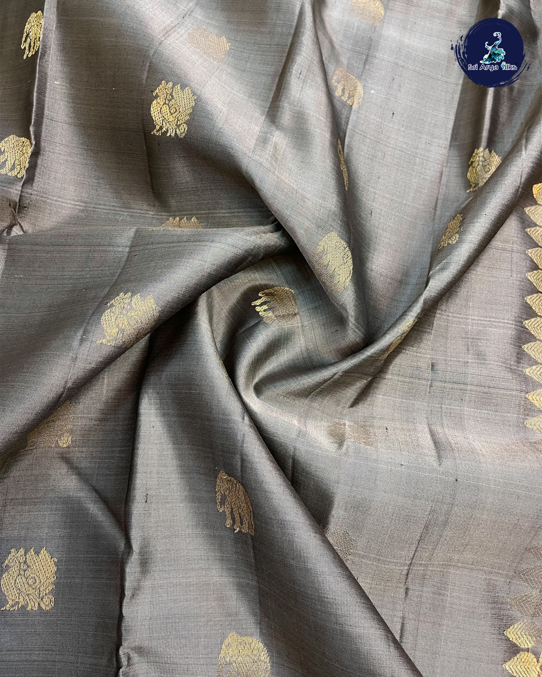 Ash Grey and Black Pure Kanchipuram Silk Saree