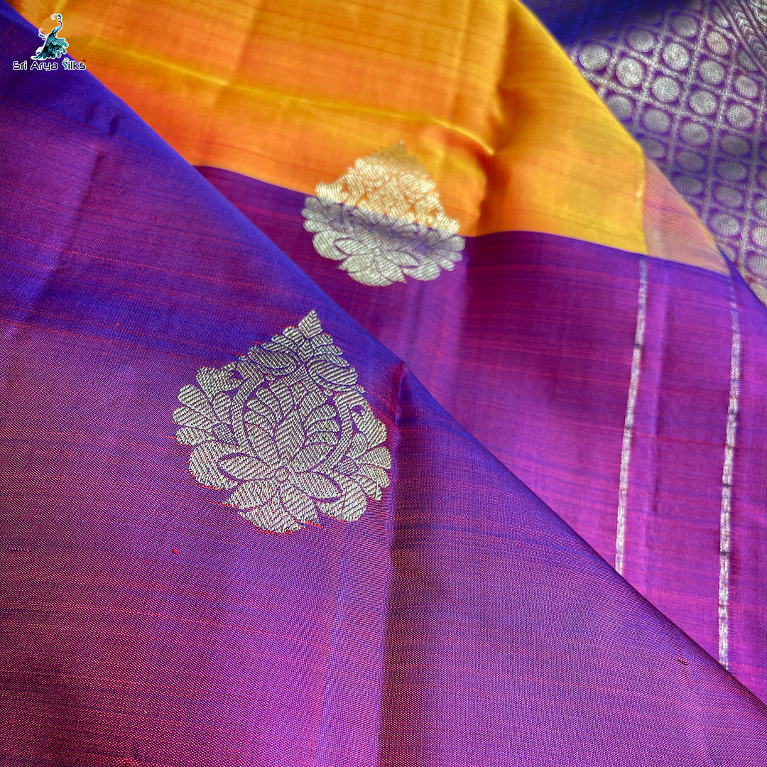 Mango Yellow and Purple Half and Half Pure Kanchipuram Silk Saree