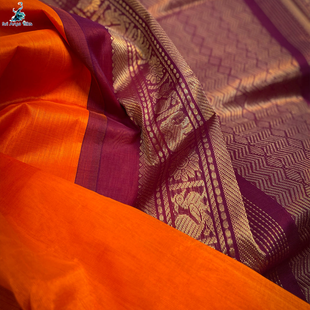 Orange and Maroon Handloom Silk Cotton Saree