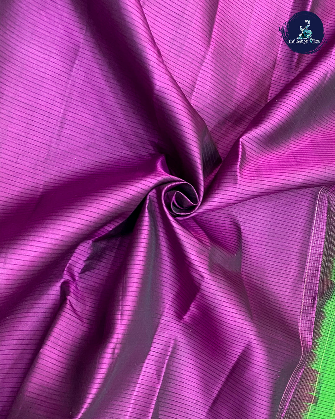 Dark Brinjal Korvai Contrast Silk Saree With Green Blouse & Buttas Pattern
