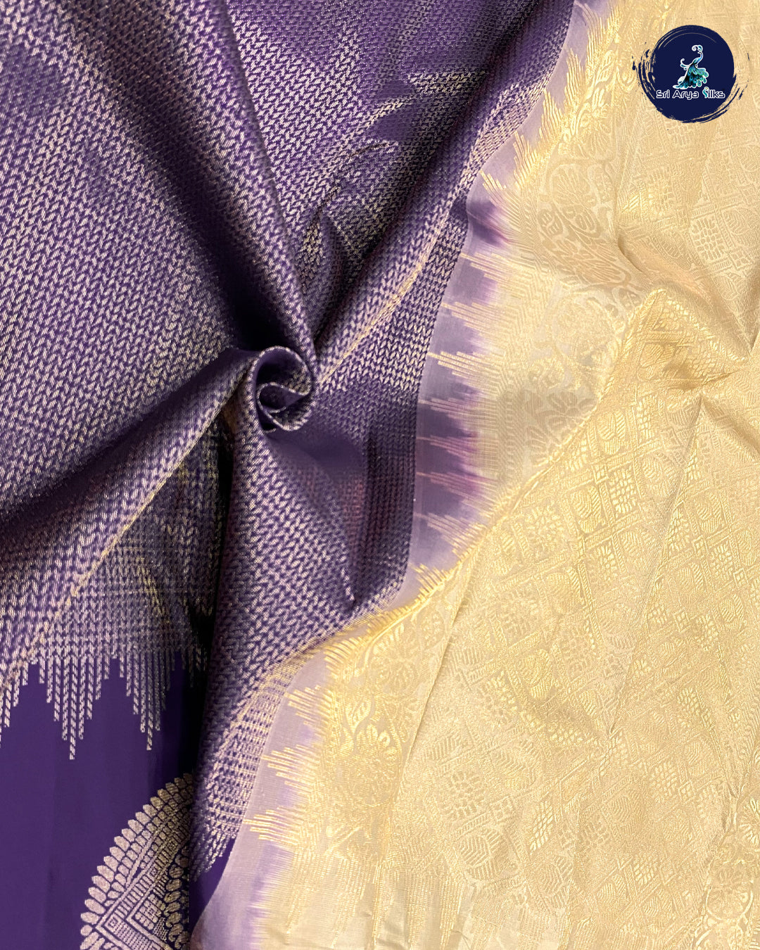 Navy Blue Brocade Silk Saree With Cream Blouse & Buttas Pattern
