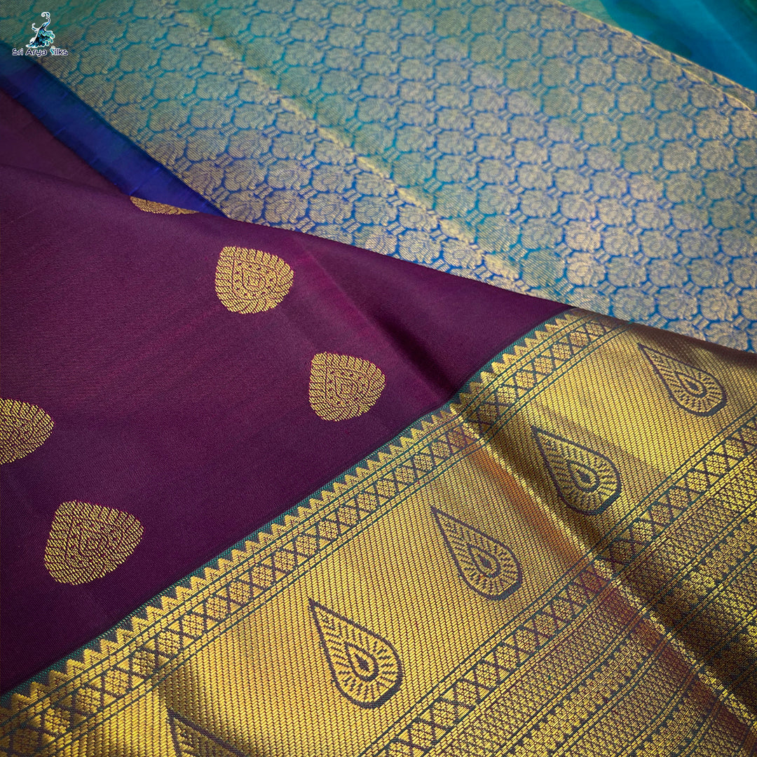 Wine and Teal Blue Kanchipuram silk saree