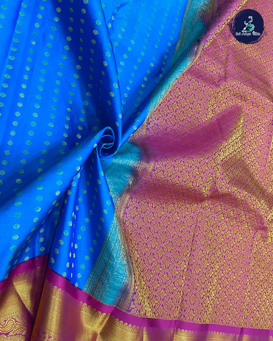Blue Korvai Contrast Silk Saree With Pink Blouse & Buttas Pattern