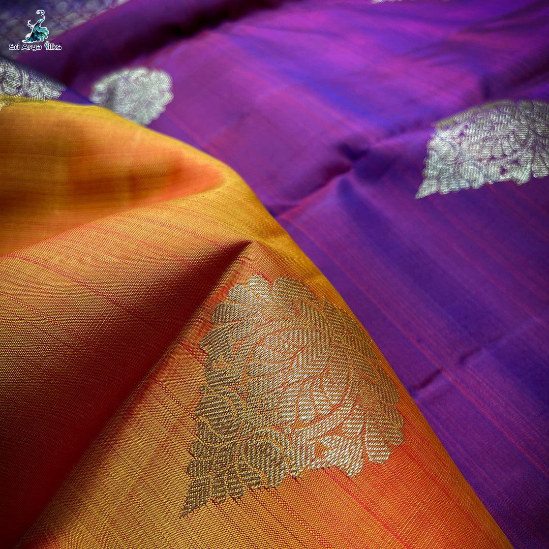 Mango Yellow and Purple Half and Half Pure Kanchipuram Silk Saree