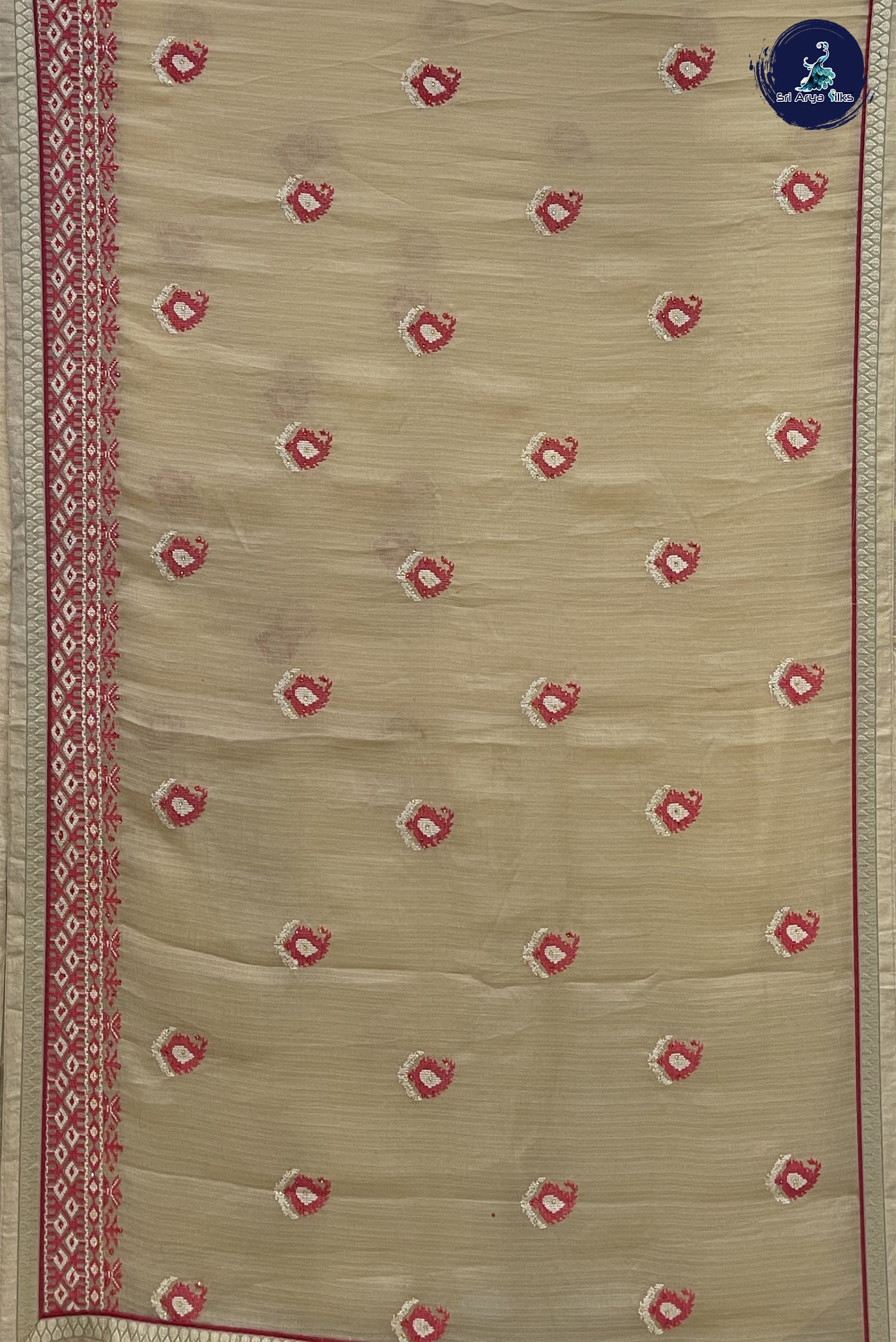 Light Brown and Red Semi Chiffon Saree