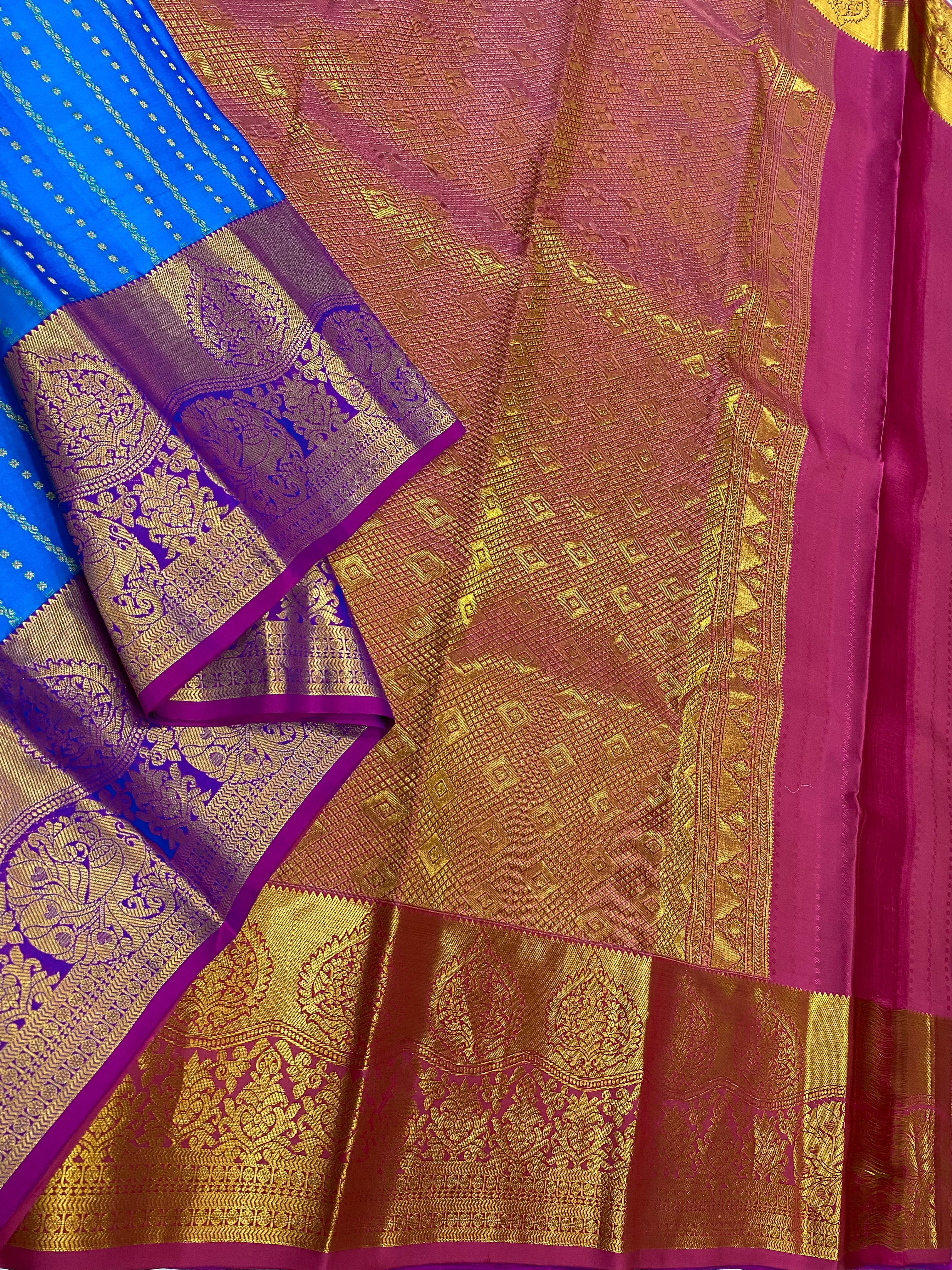 Blue Traditional Silk Saree With Pink Blouse & Buttas Pattern