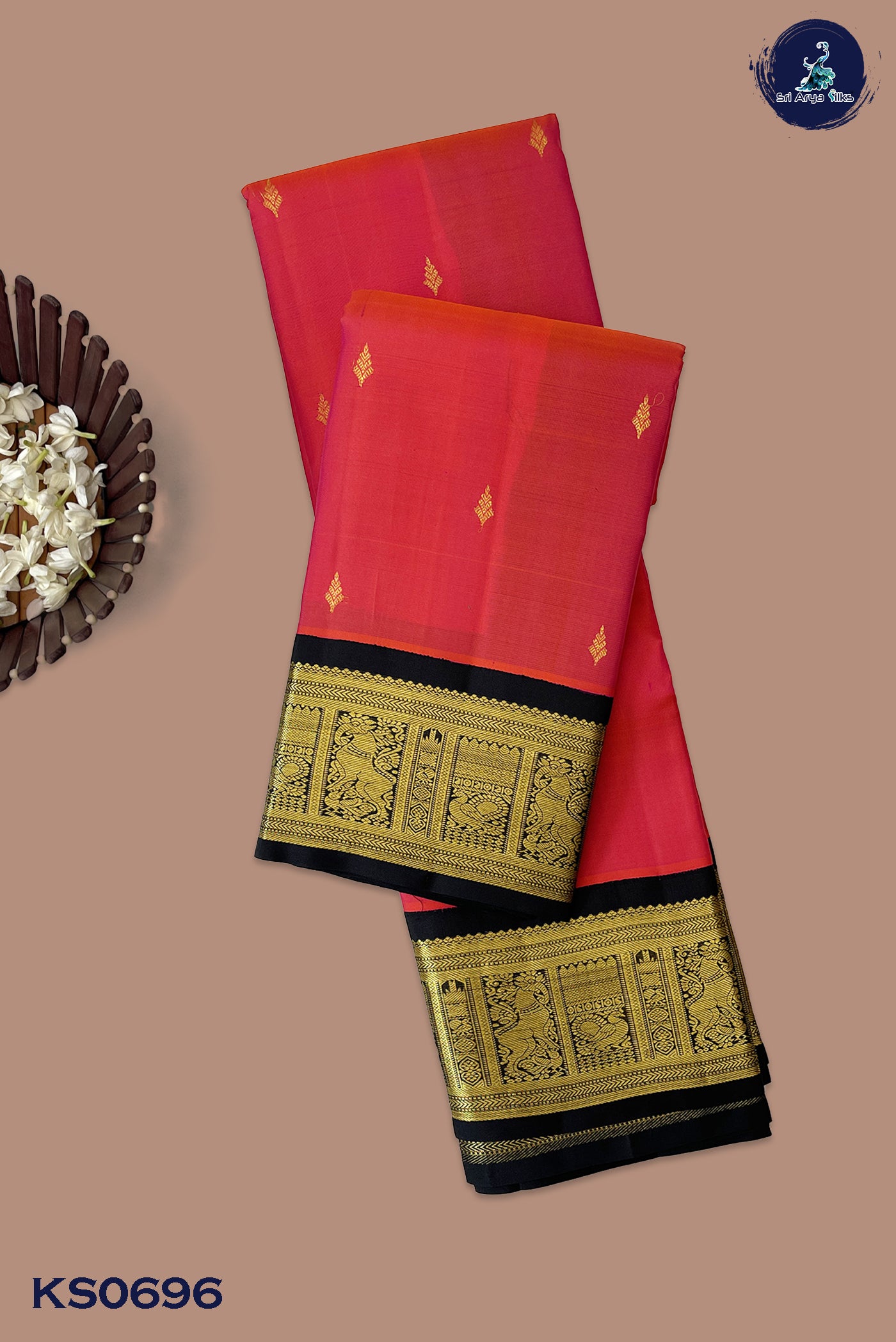 Pinkish Orange Korvai Contrast Bridal Silk Saree With Zari Buttas Pattern