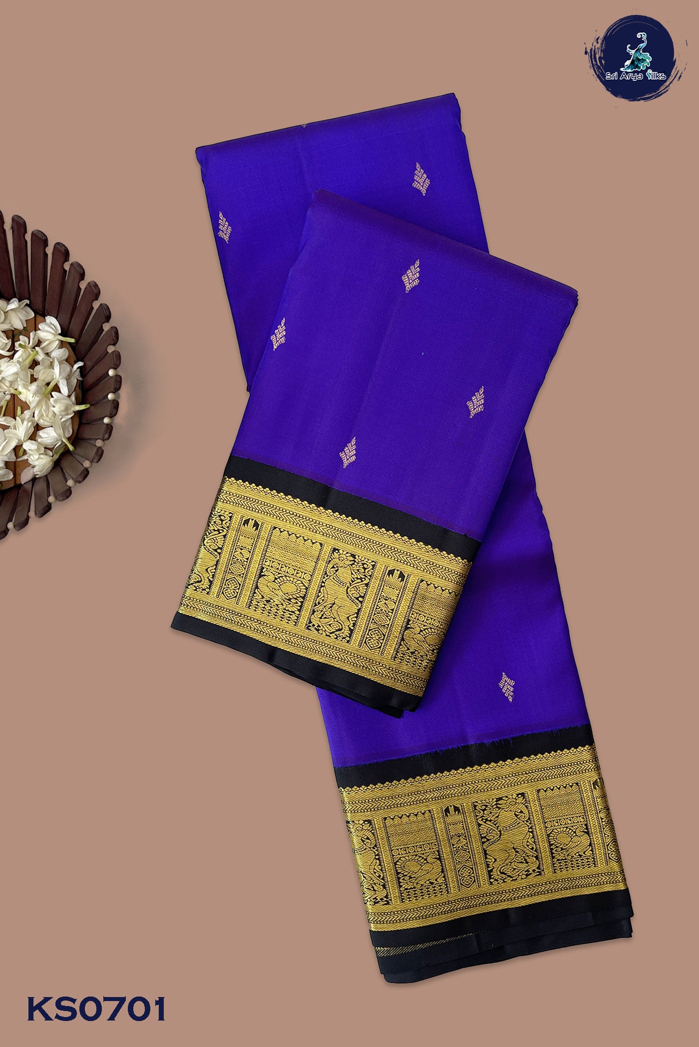 Violet Korvai Contrast Silk Saree With Zari Buttas Pattern
