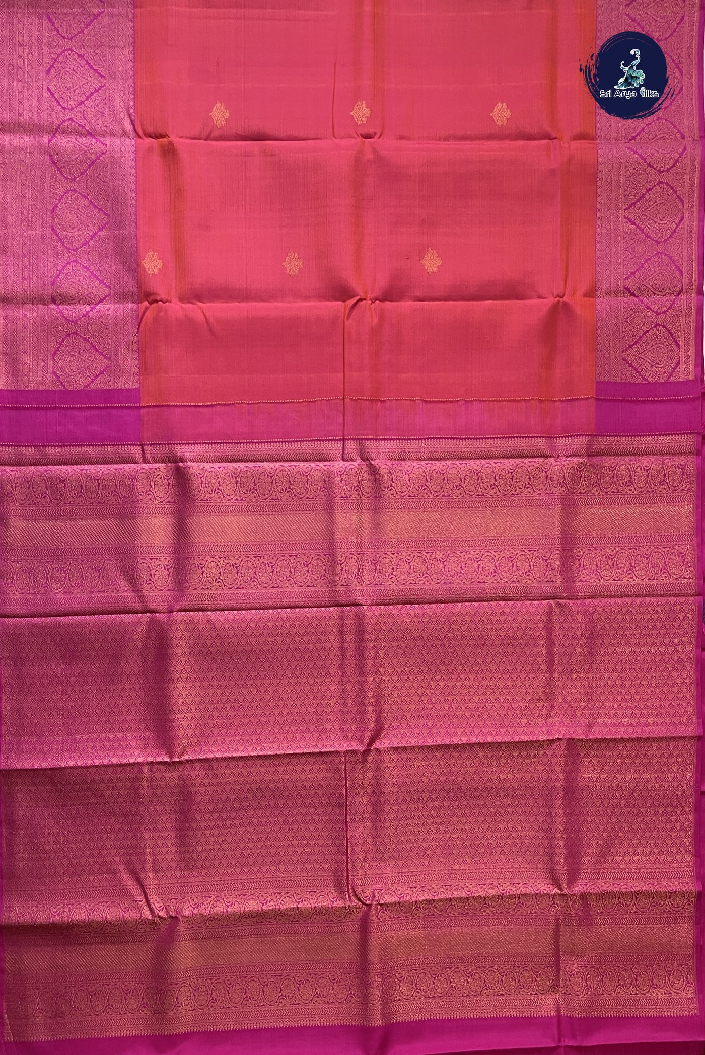 Orange Korvai Contrast Silk Saree With Pink Blouse & Buttas Pattern
