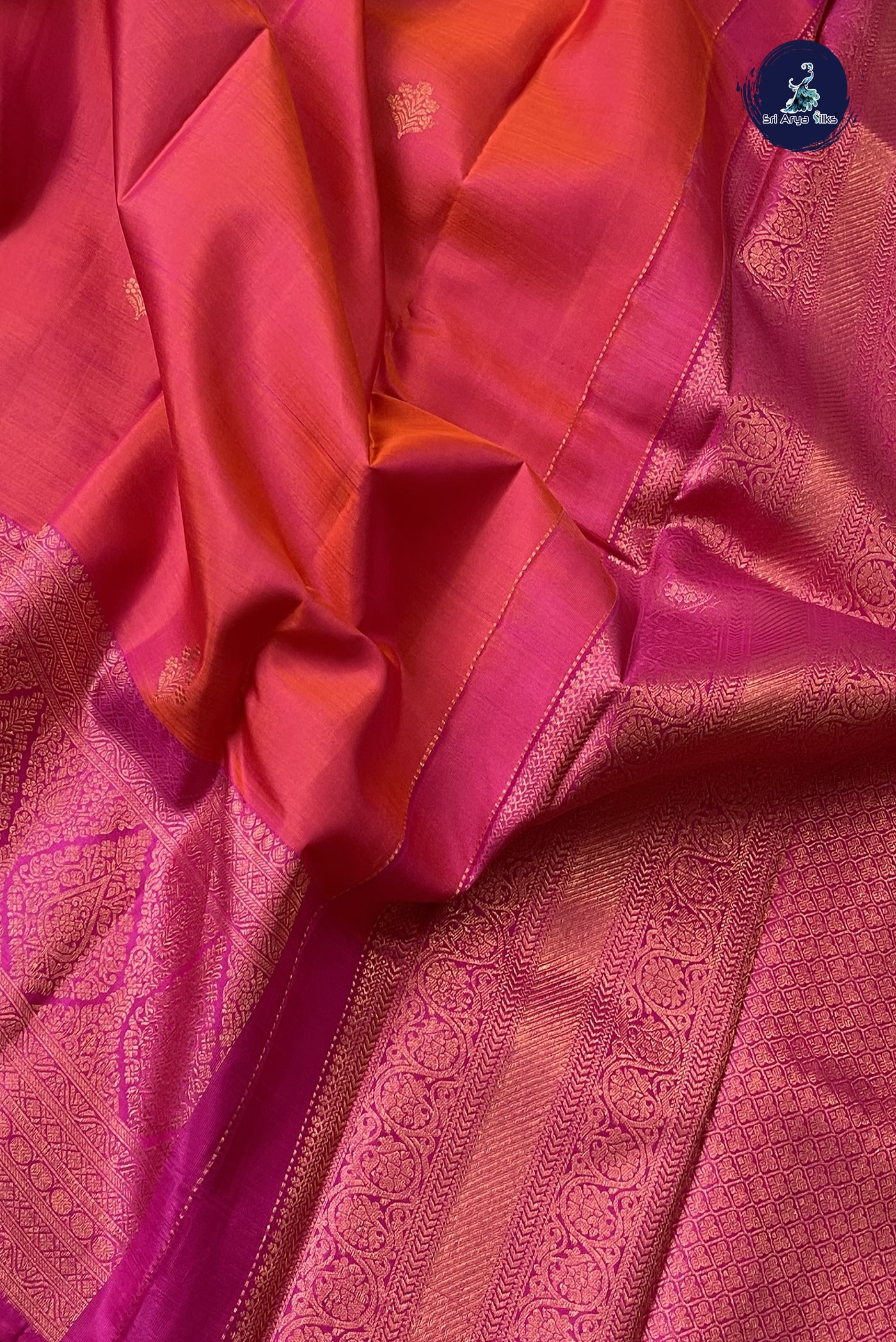 Orange Korvai Contrast Silk Saree With Pink Blouse & Buttas Pattern