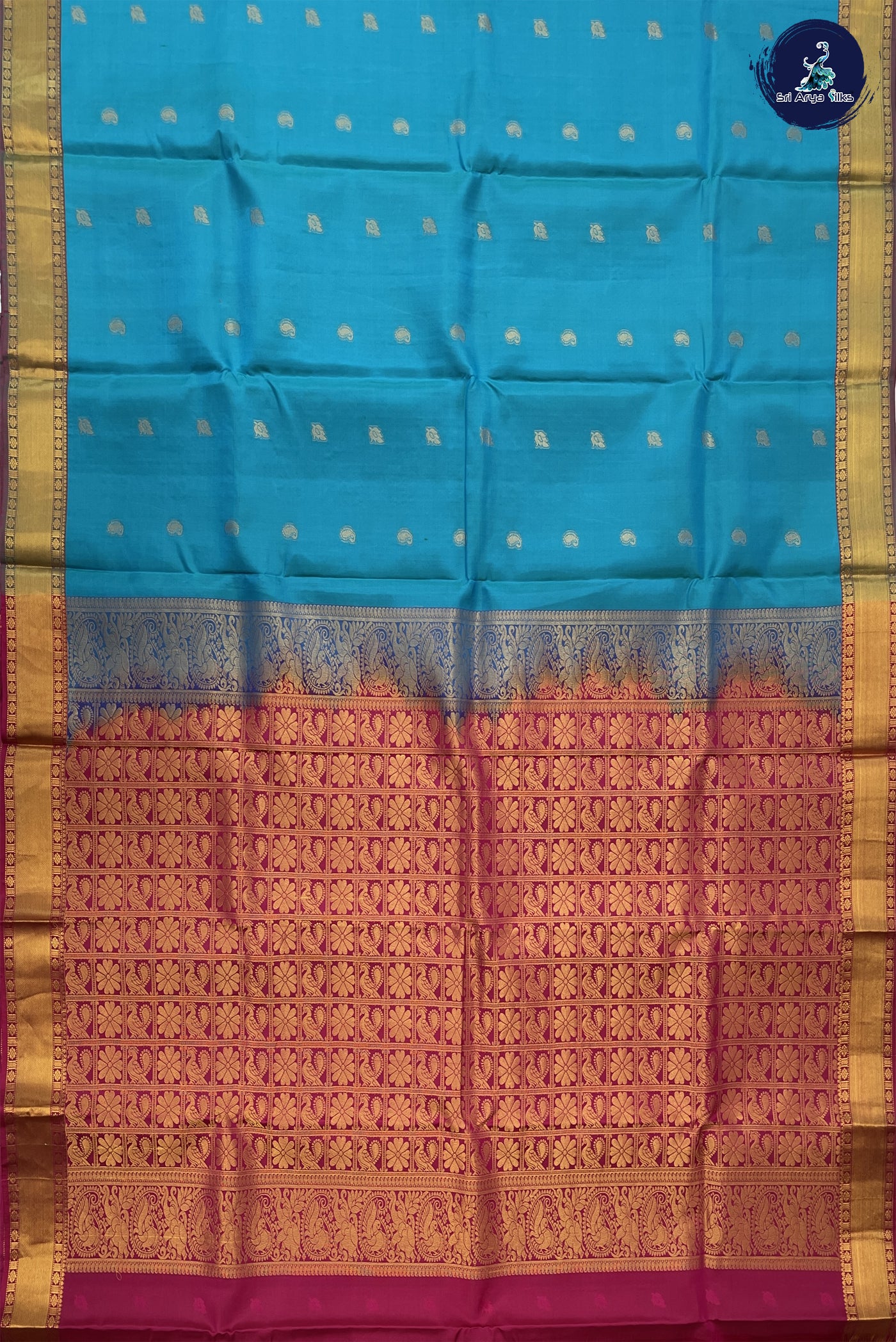 Blue Traditional Silk Saree With Pink Blouse & Buttas Pattern