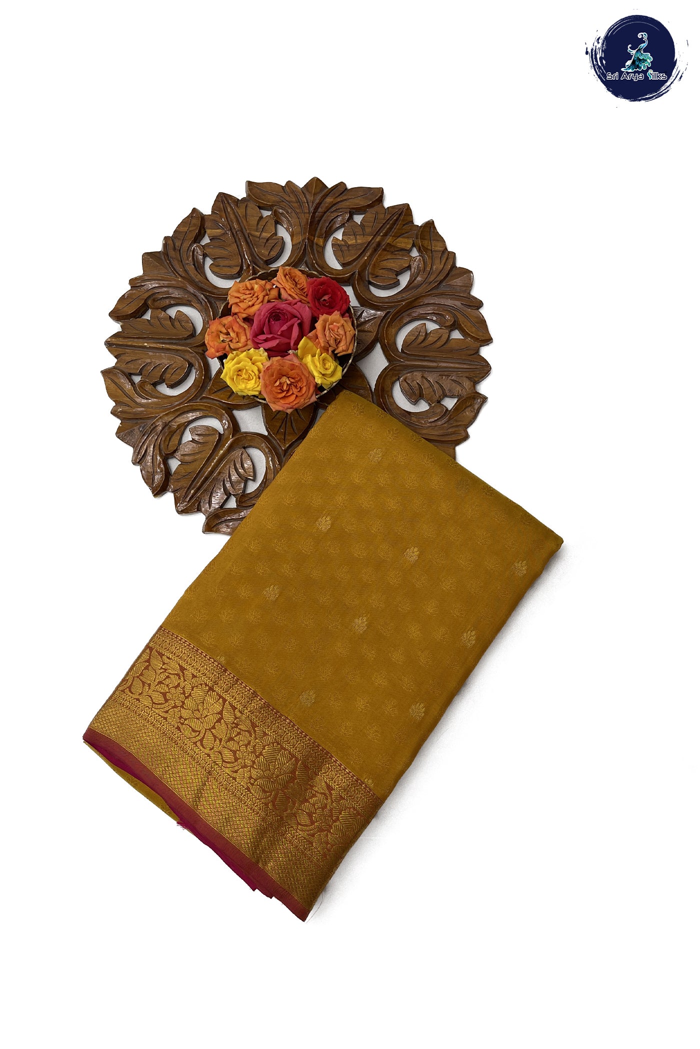 Mustard Yellow Embosed Saree With Pink Blouse & Buttas Pattern
