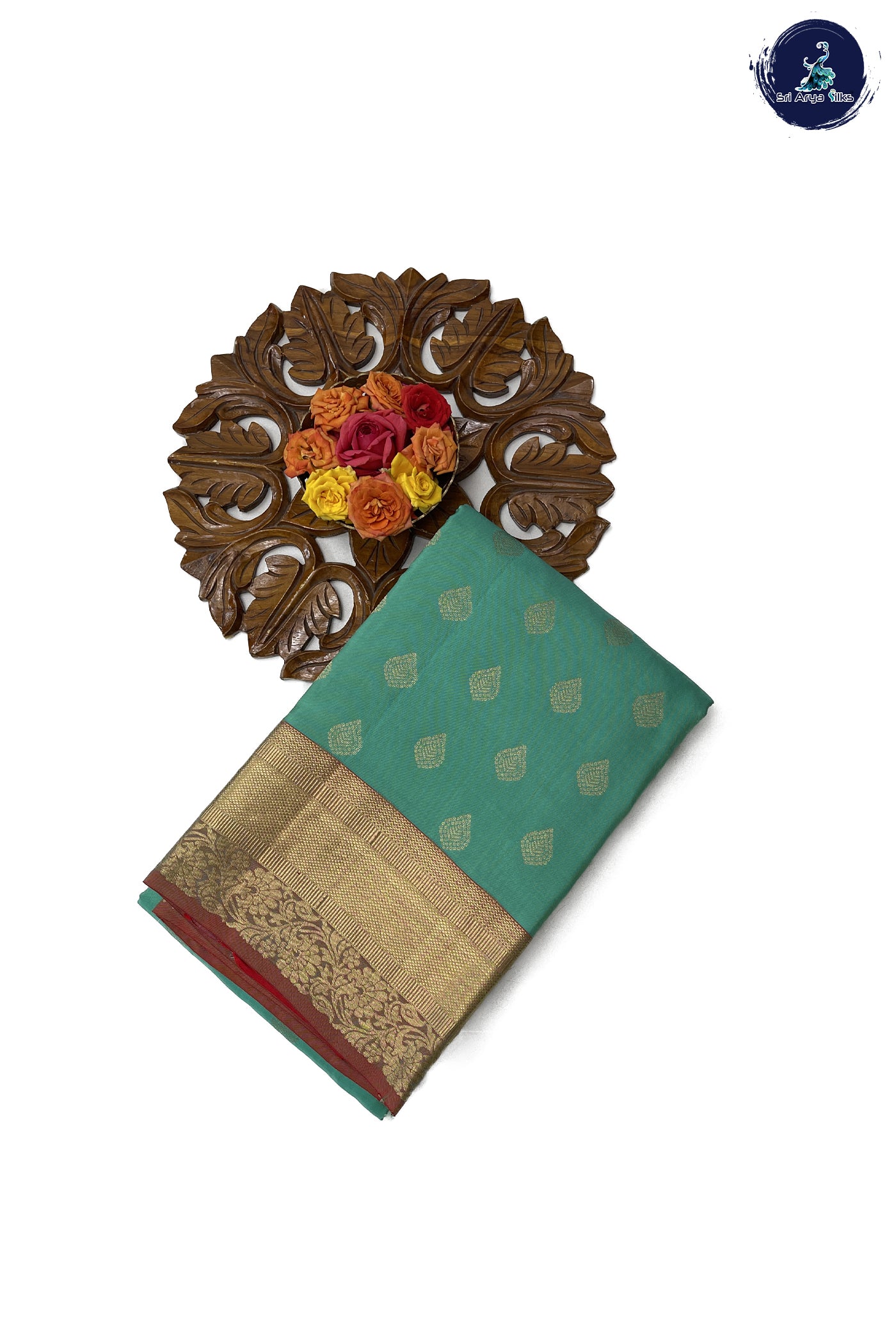 Turquoise Traditional Silk Saree With Red Blouse & Buttas Pattern