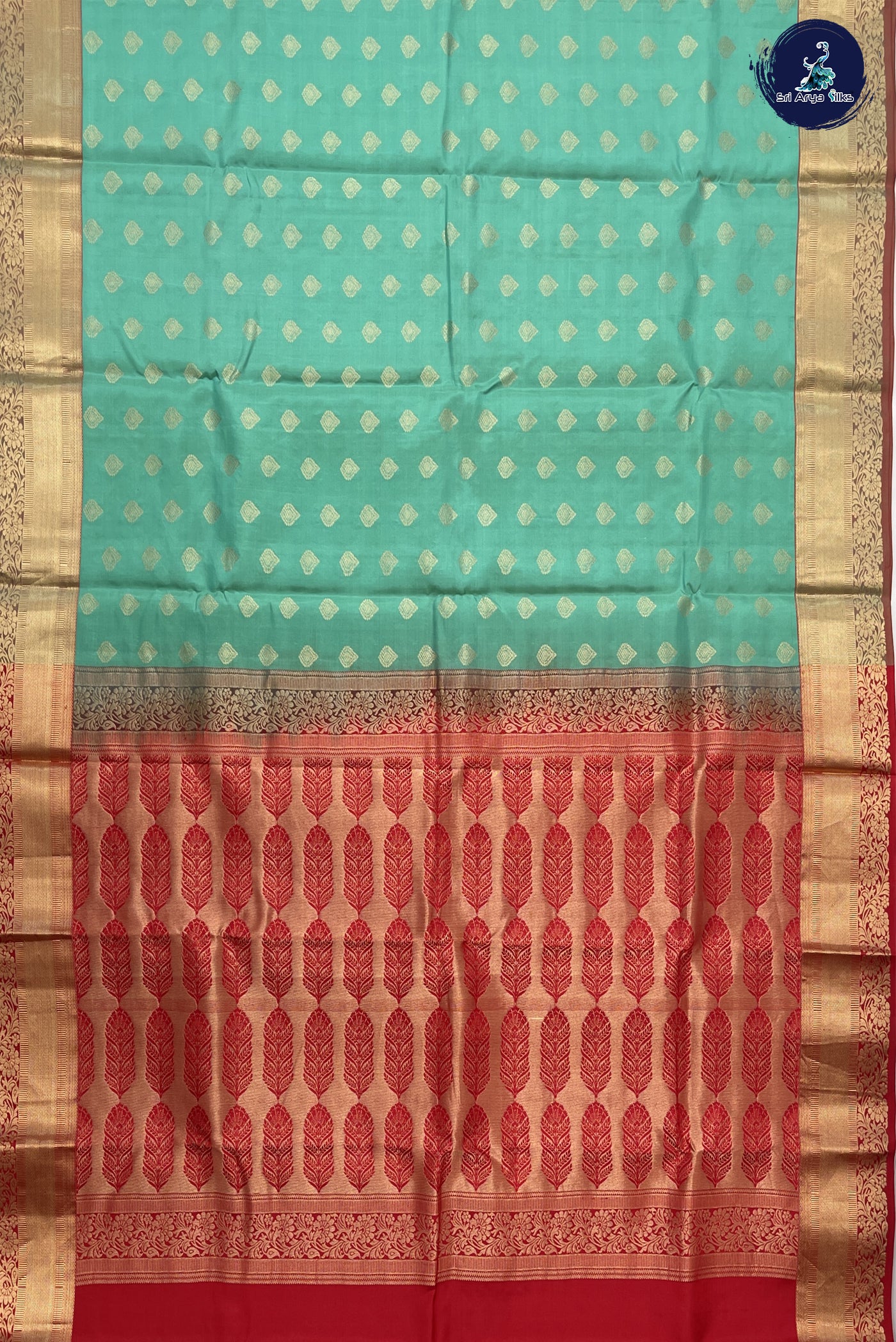 Turquoise Traditional Silk Saree With Red Blouse & Buttas Pattern