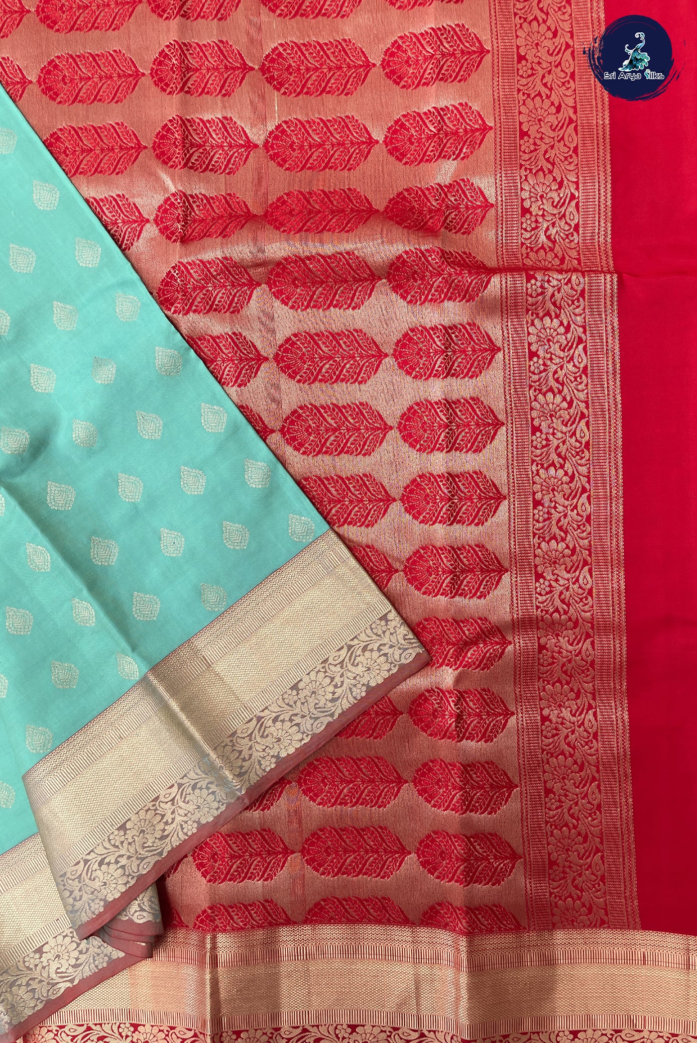 Turquoise Traditional Silk Saree With Red Blouse & Buttas Pattern