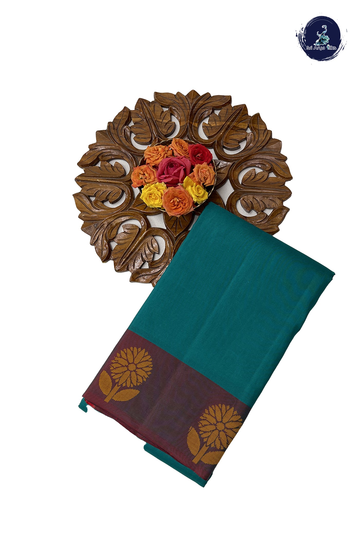 Teal Silk Saree With Thread Work Pattern