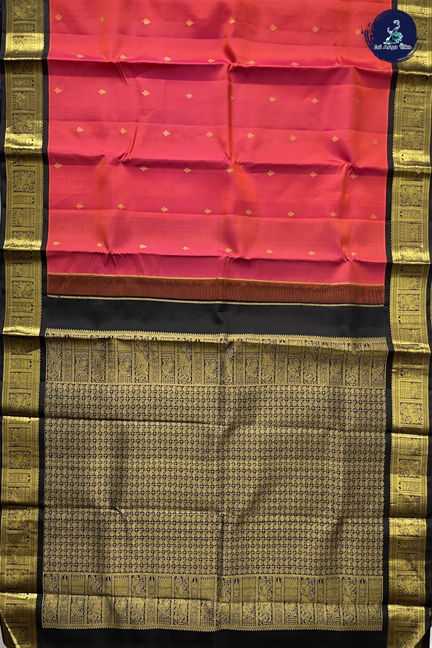 Pinkish Orange Korvai Contrast Bridal Silk Saree With Zari Buttas Pattern