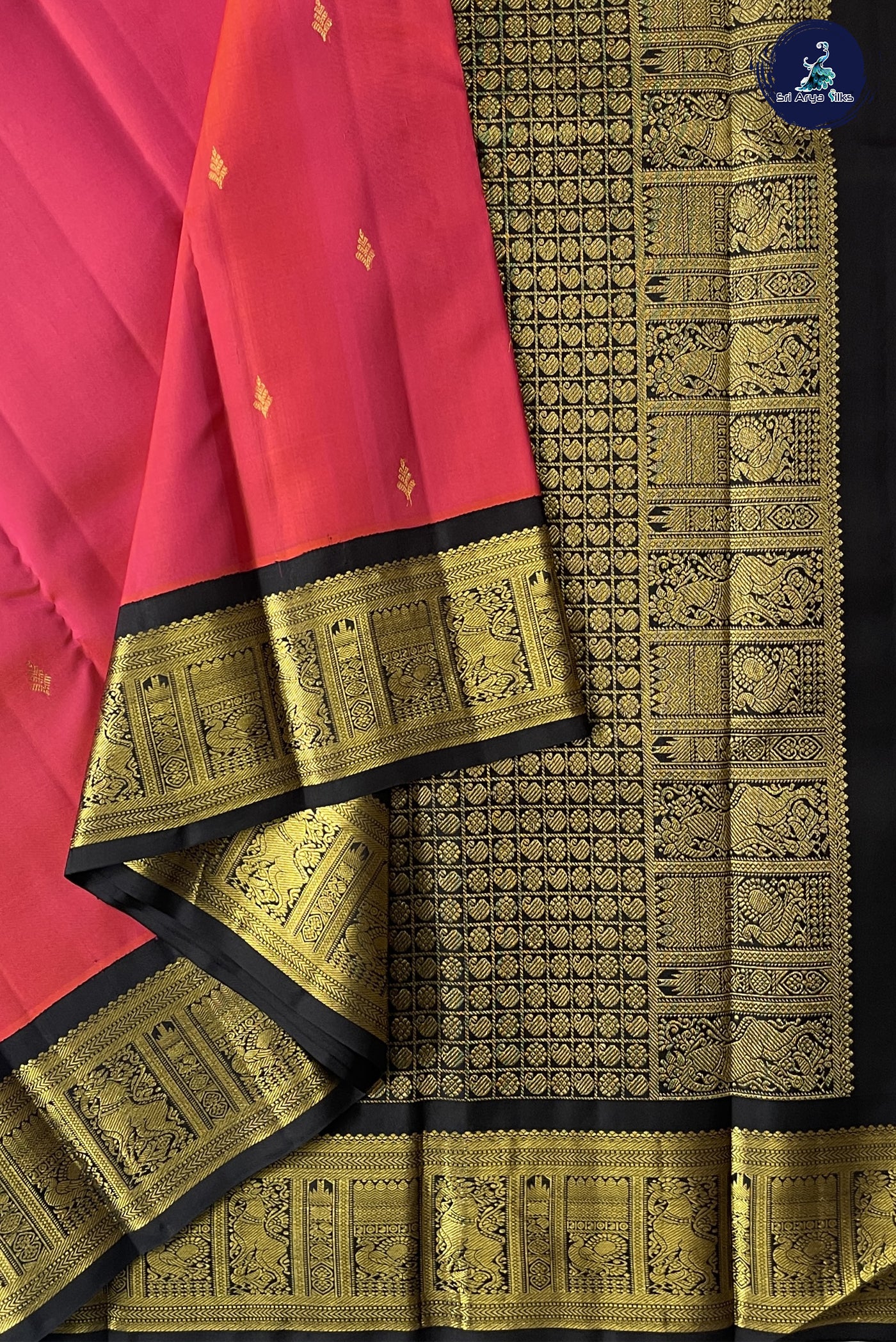 Pinkish Orange Korvai Contrast Bridal Silk Saree With Zari Buttas Pattern