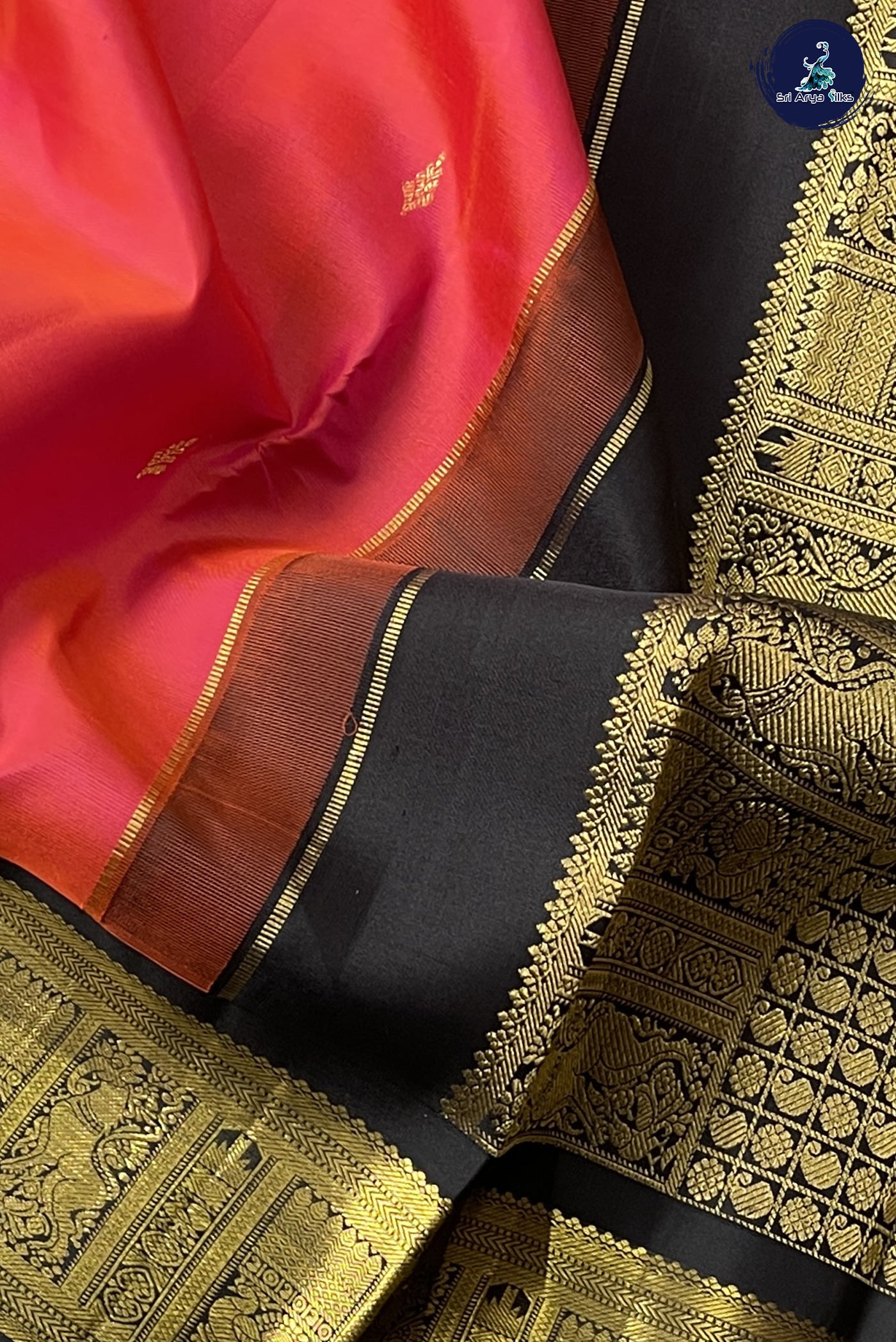 Pinkish Orange Korvai Contrast Bridal Silk Saree With Zari Buttas Pattern