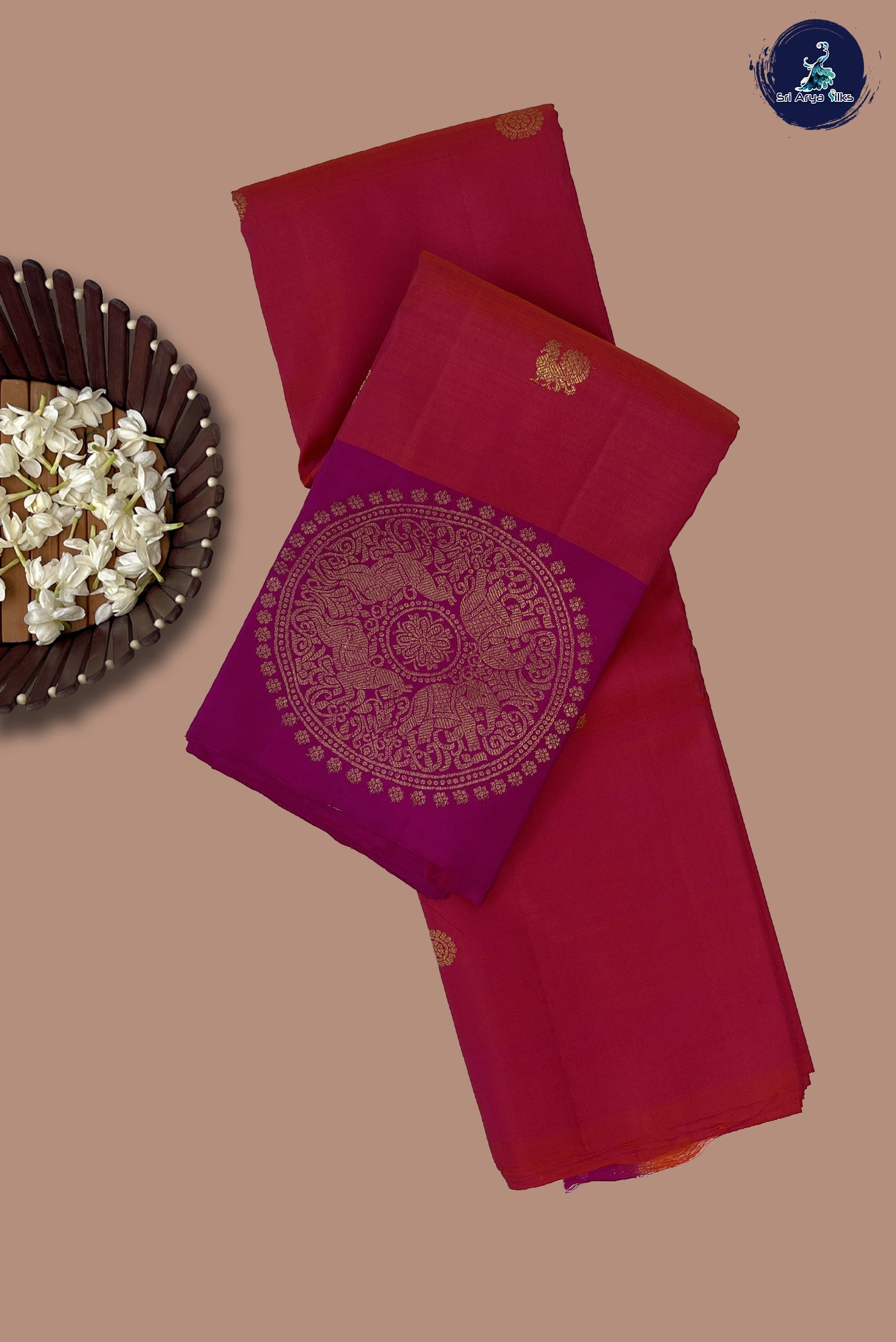 Pinkish Orange Single Side Border Saree With Zari Buttas Pattern