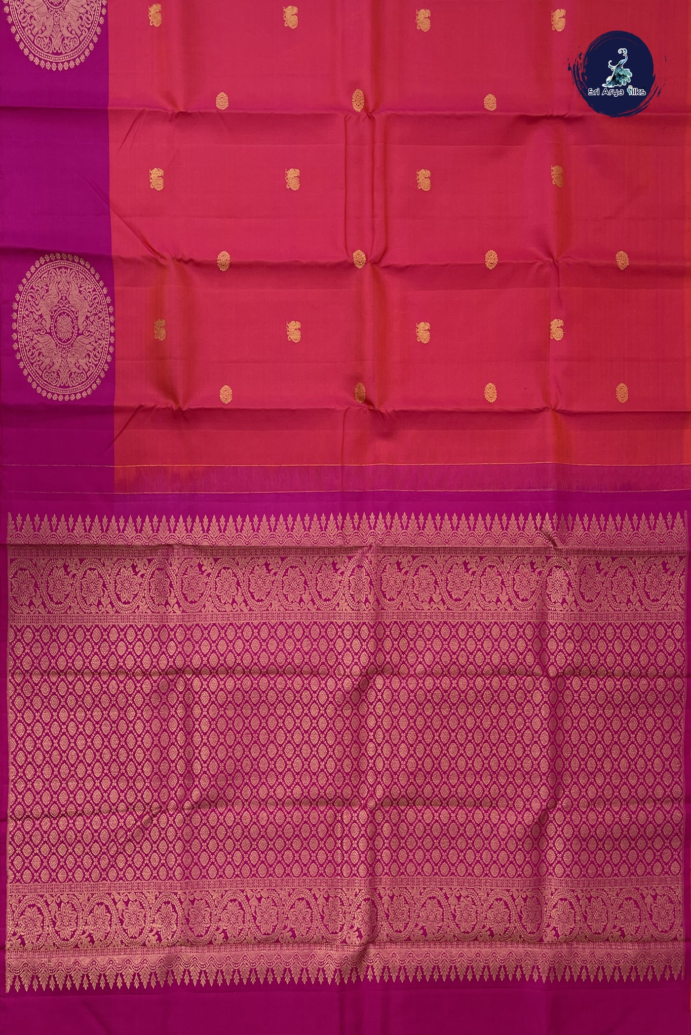 Pinkish Orange Single Side Border Saree With Zari Buttas Pattern