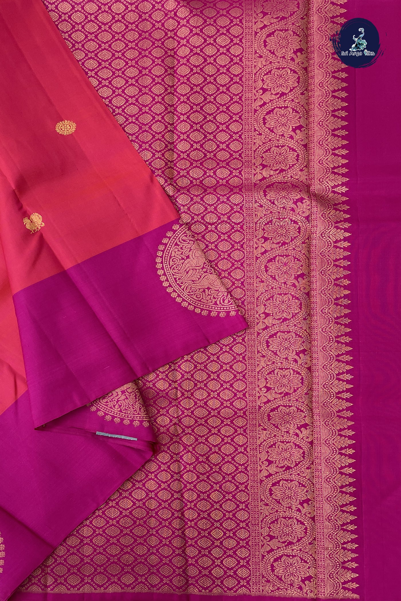Pinkish Orange Single Side Border Saree With Zari Buttas Pattern