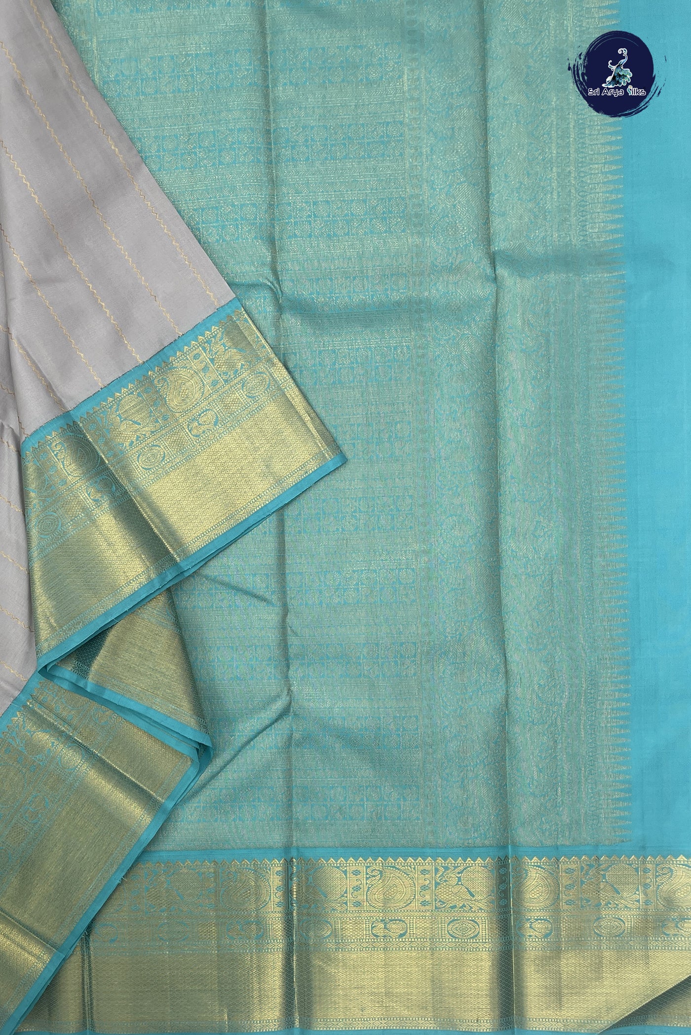 Silver Grey Korvai Contrast Silk Saree With Stripes Pattern