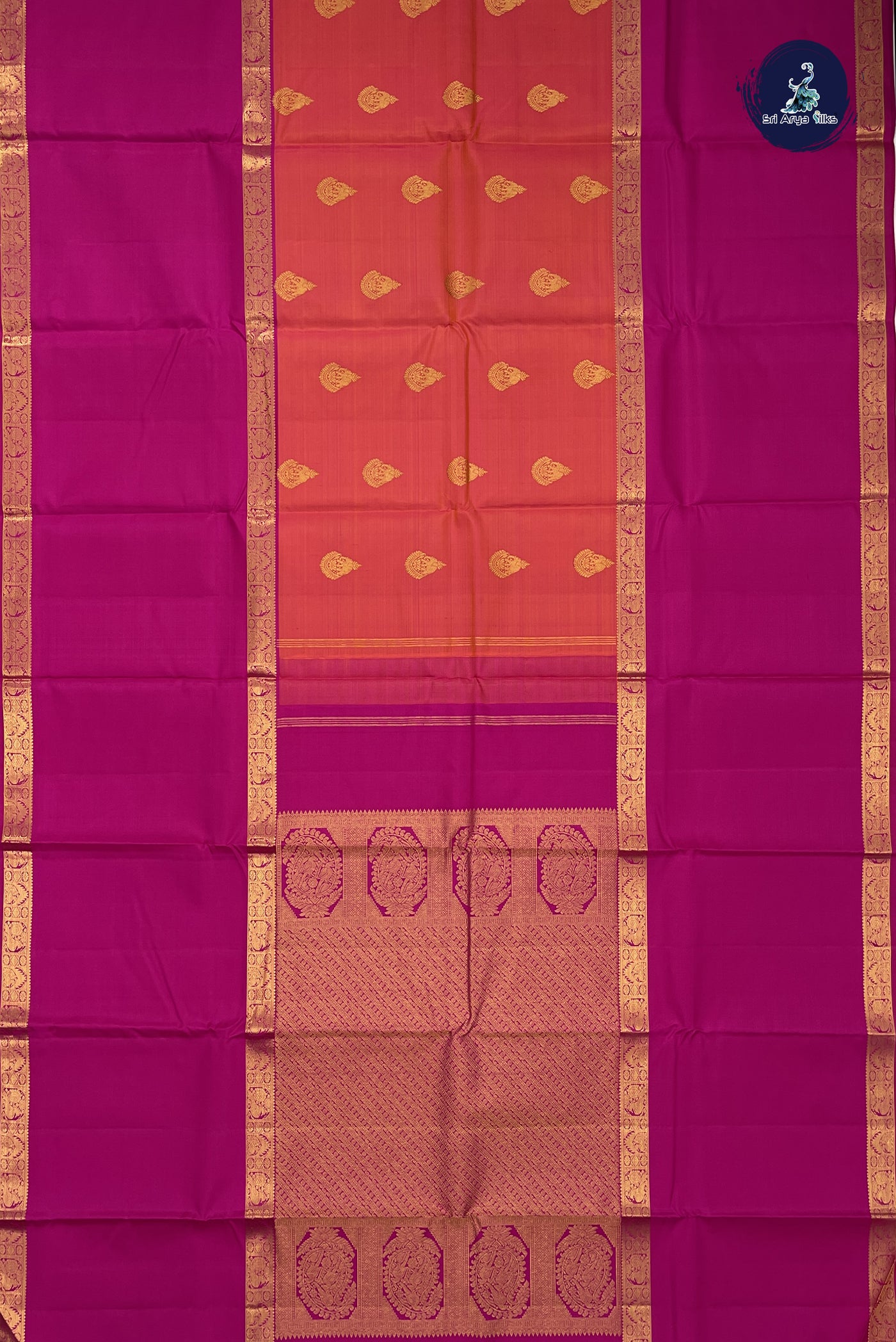 Pinkish Orange Traditional Bridal Silk Saree With Muppagam / 3 Part Pattern