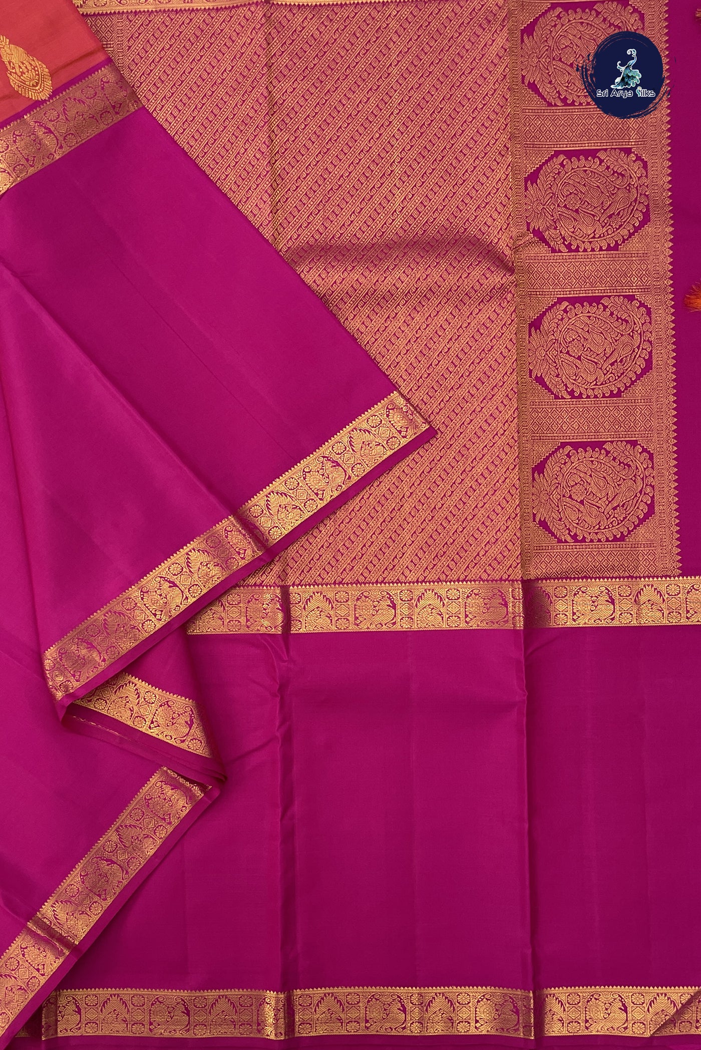 Pinkish Orange Traditional Bridal Silk Saree With Muppagam / 3 Part Pattern