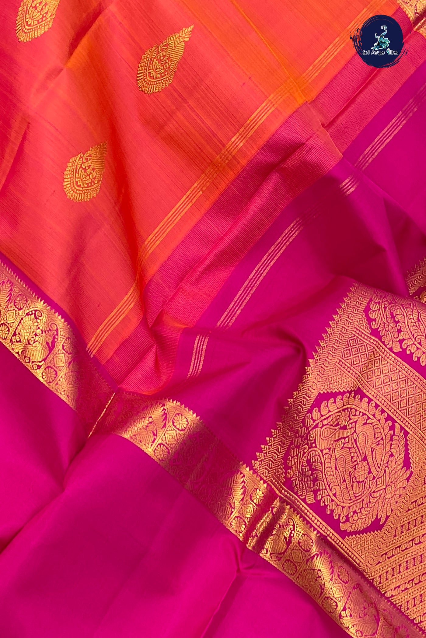 Pinkish Orange Traditional Bridal Silk Saree With Muppagam / 3 Part Pattern