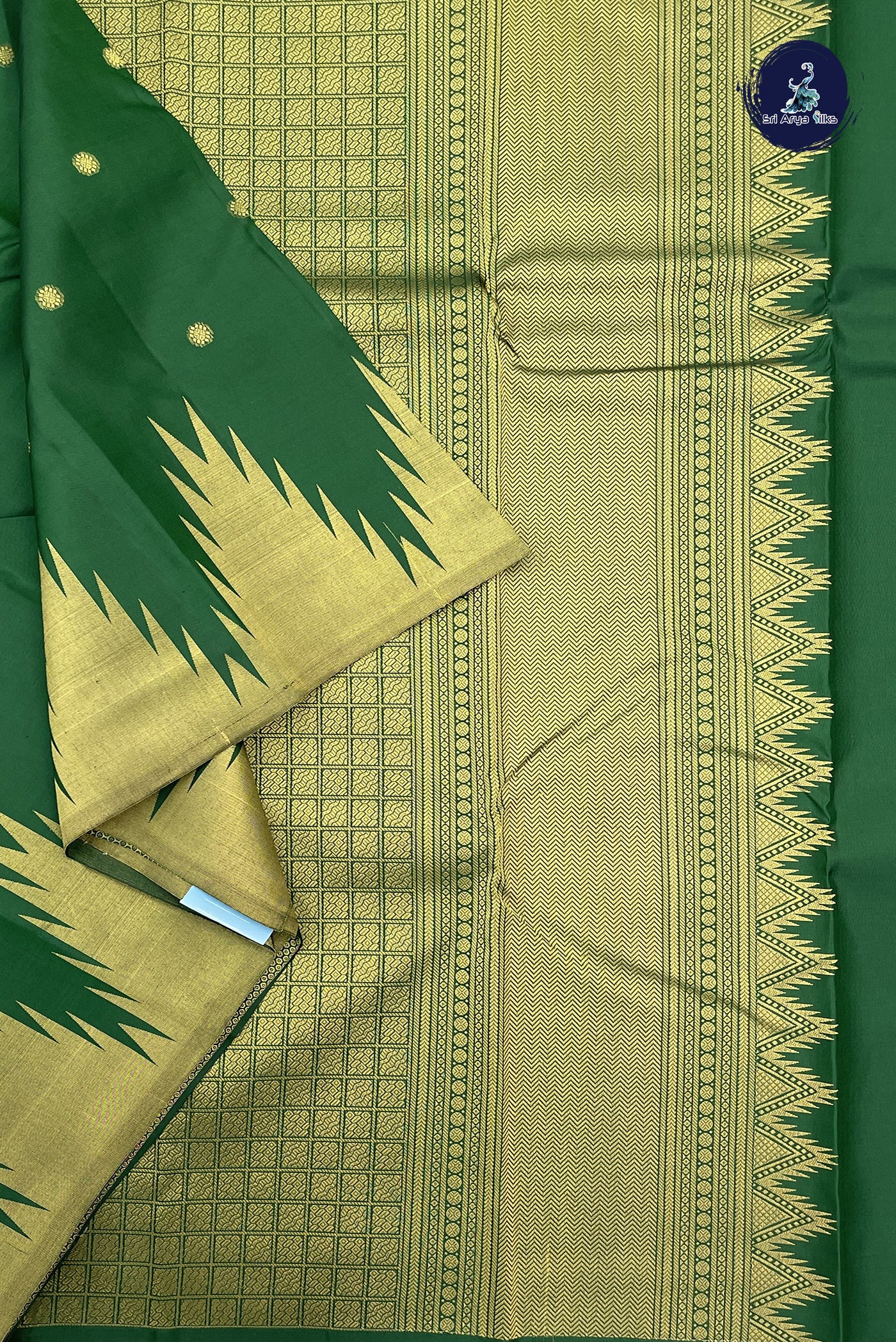 Dark Green Korvai Contrast Bridal Silk Saree With Zari Buttas Pattern