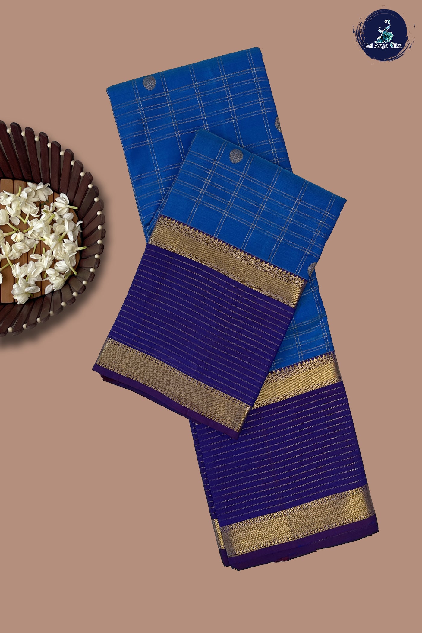 Copper Sulphate Blue Bridal Silk Saree With Zari Checked Pattern