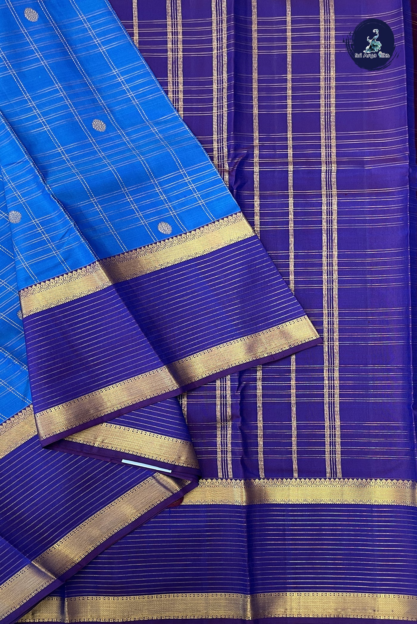Copper Sulphate Blue Bridal Silk Saree With Zari Checked Pattern