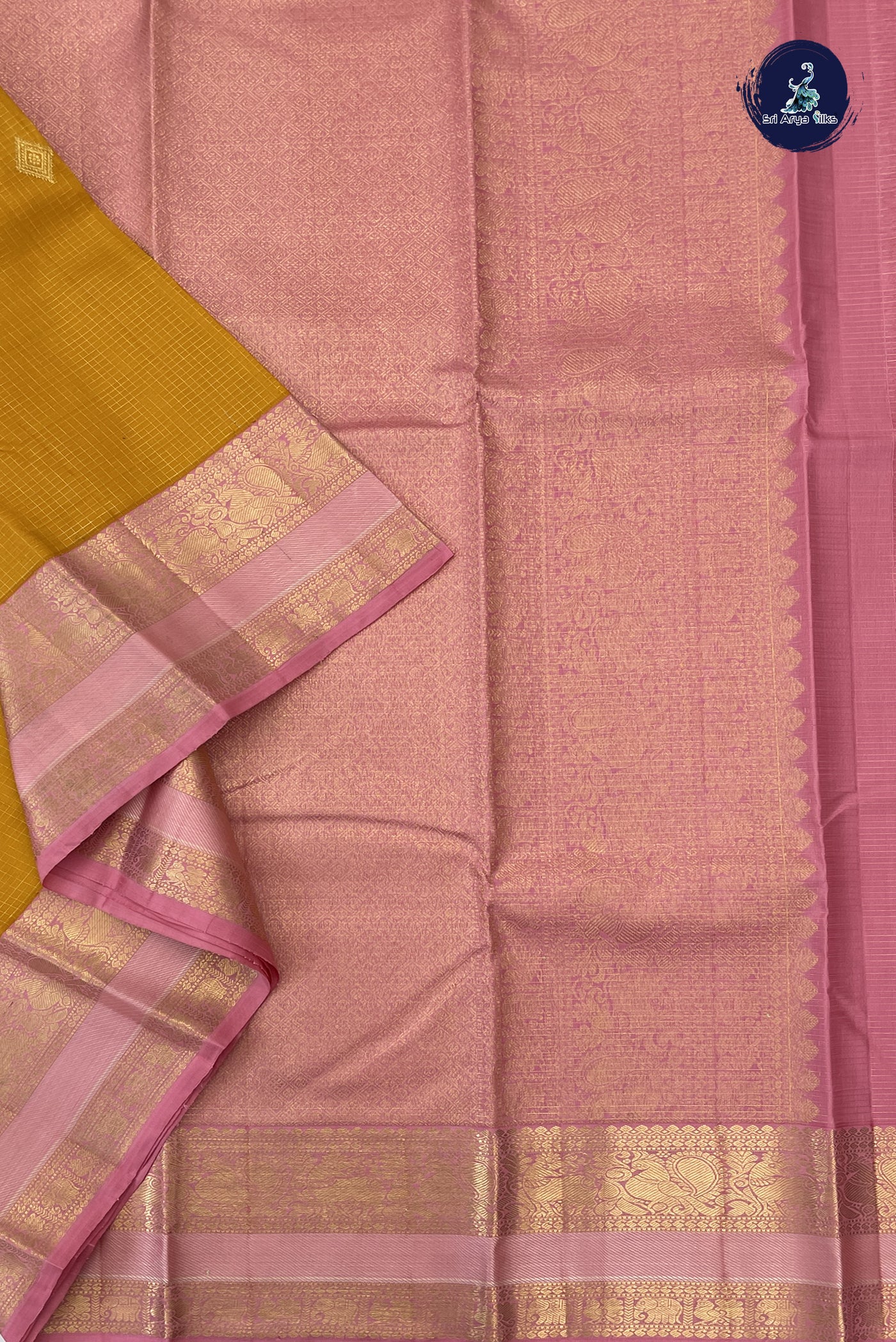 Turmeric Yellow Korvai Contrast Bridal Silk Saree With Zari Checked Pattern