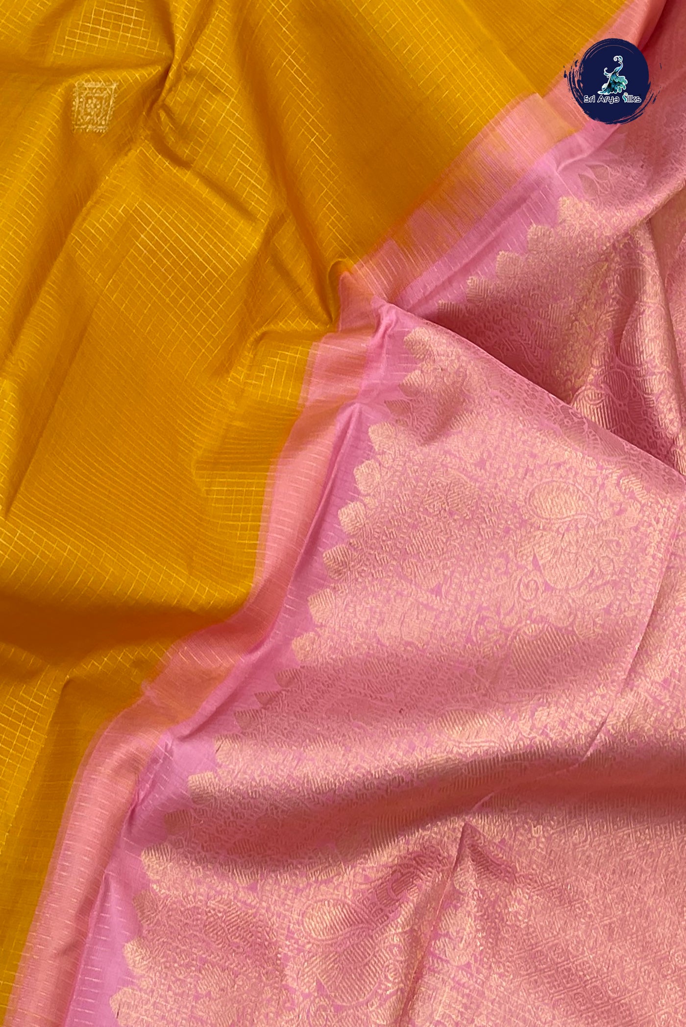 Turmeric Yellow Korvai Contrast Bridal Silk Saree With Zari Checked Pattern