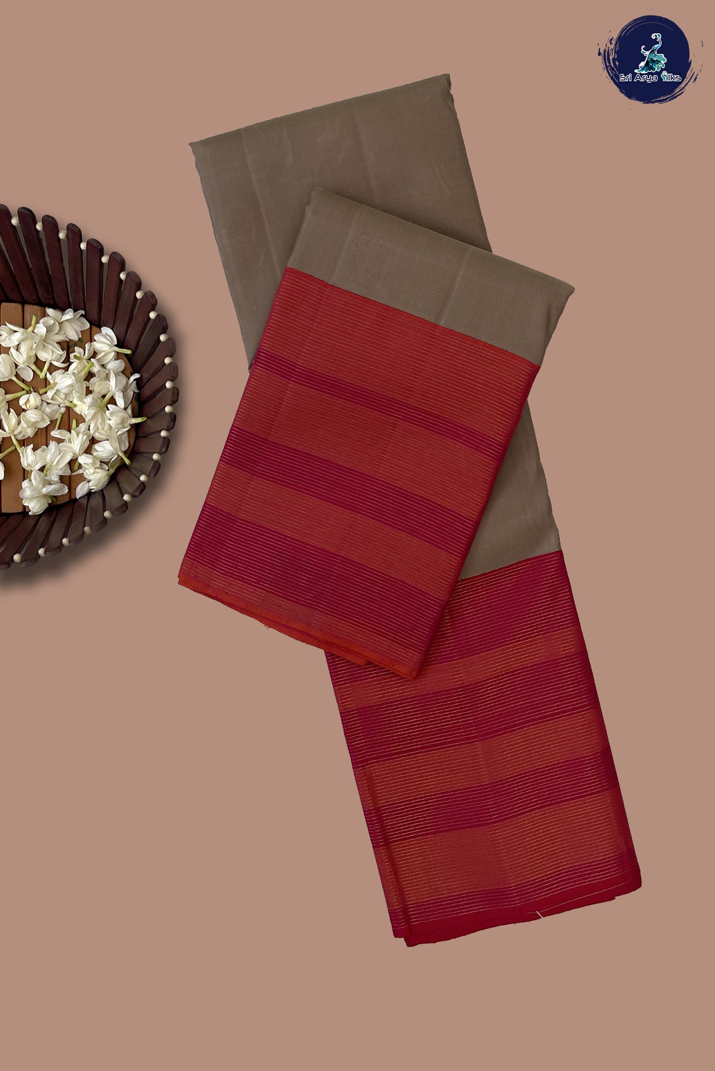 Biscuit Shade Korvai Contrast Silk Saree With Plain Pattern