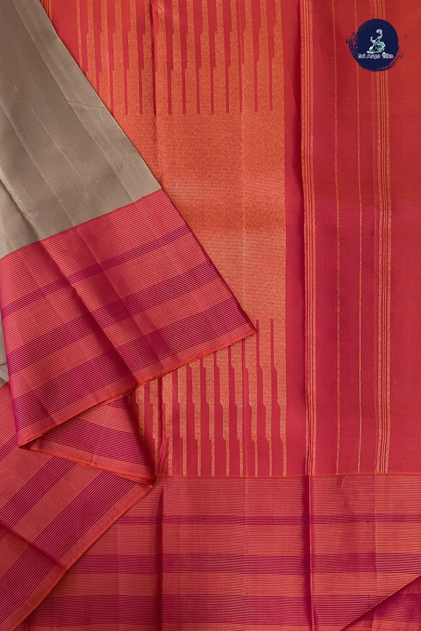 Biscuit Shade Korvai Contrast Silk Saree With Plain Pattern
