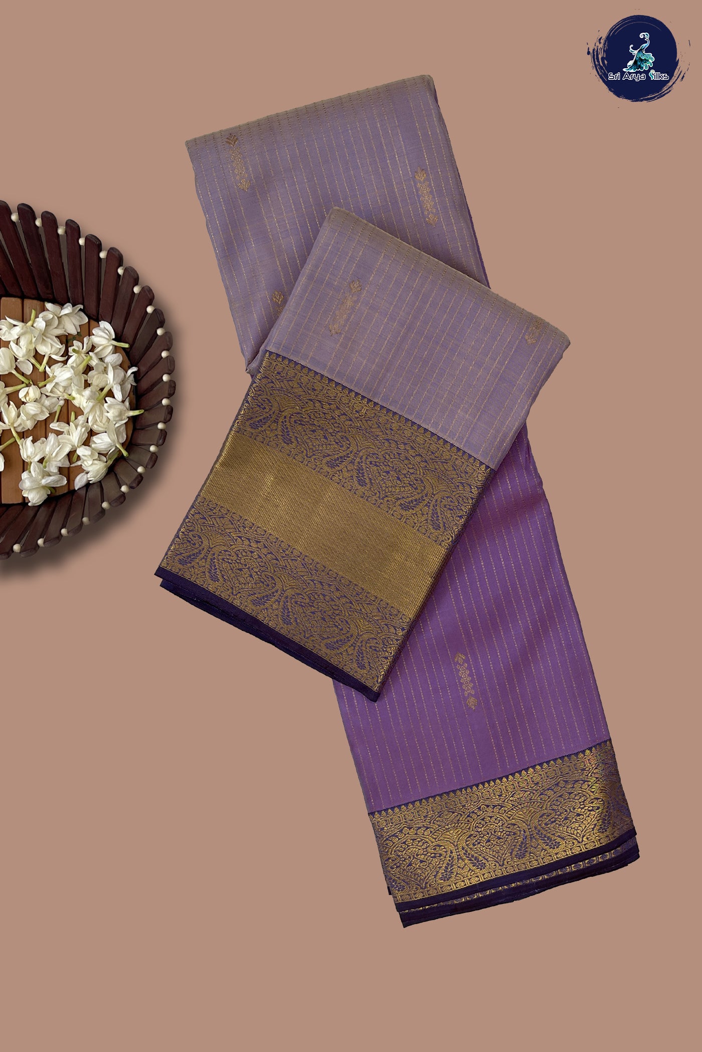 lavender Half and Half Checked Silk Saree With Stripes Pattern