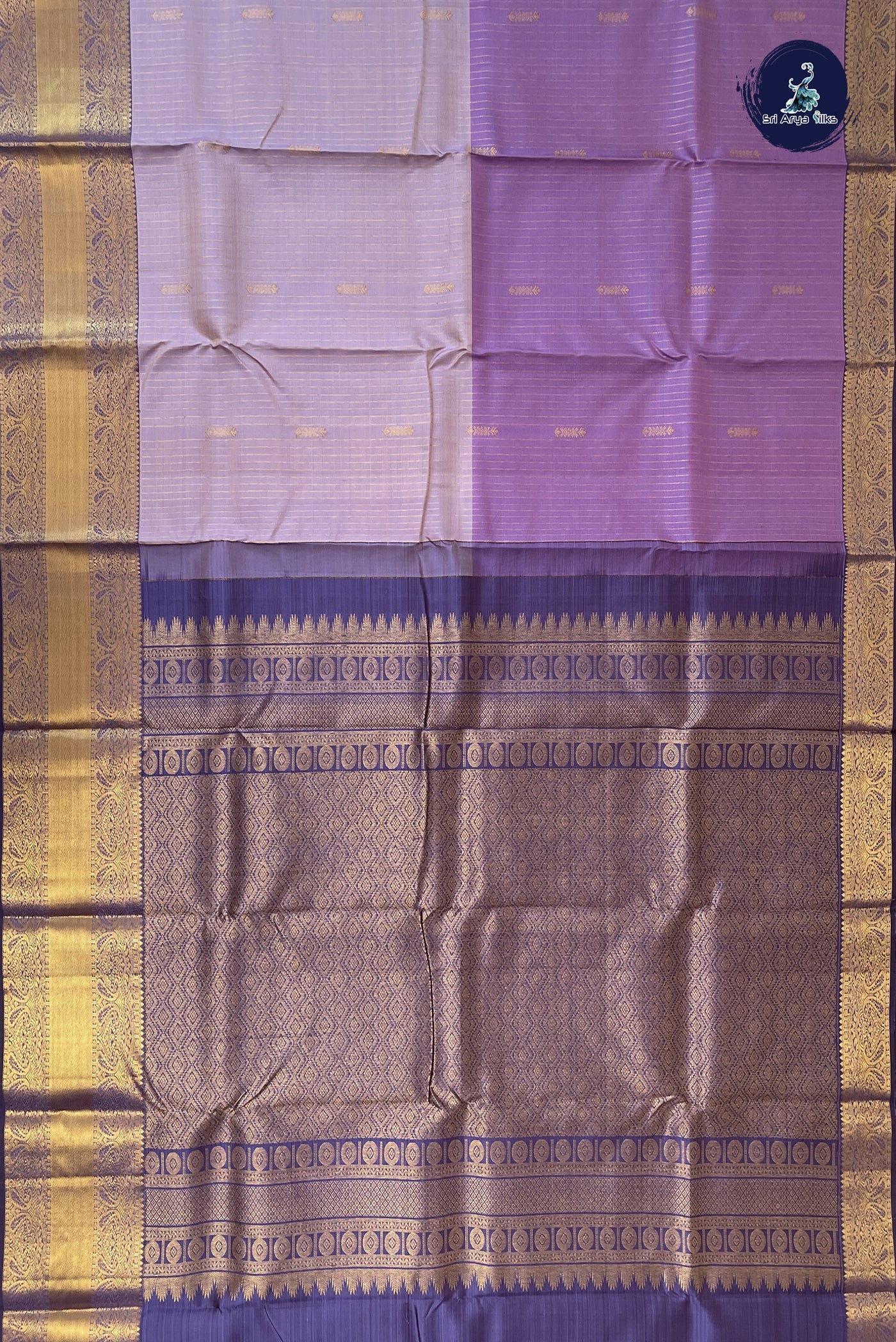 lavender Half and Half Checked Silk Saree With Stripes Pattern