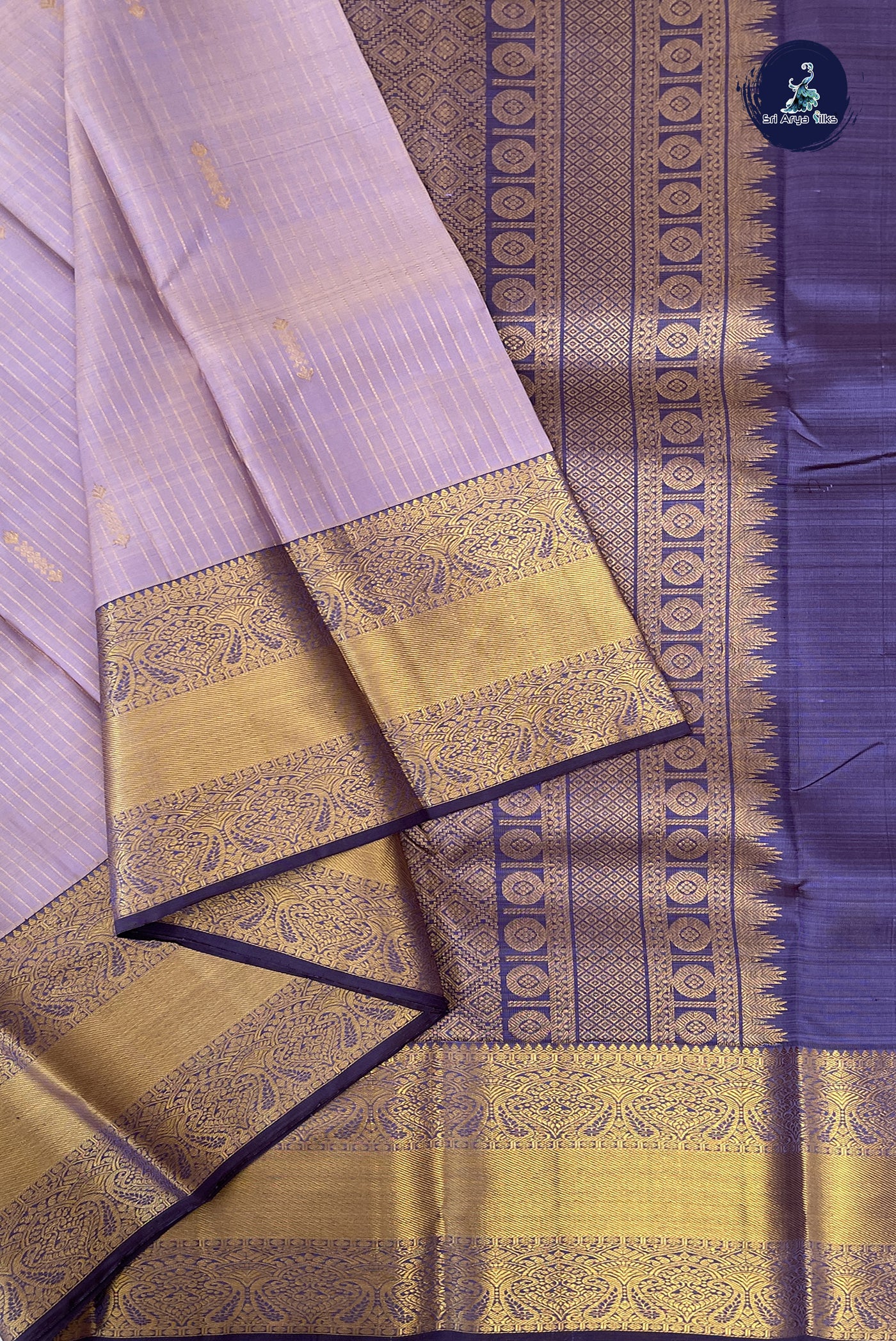 lavender Half and Half Checked Silk Saree With Stripes Pattern
