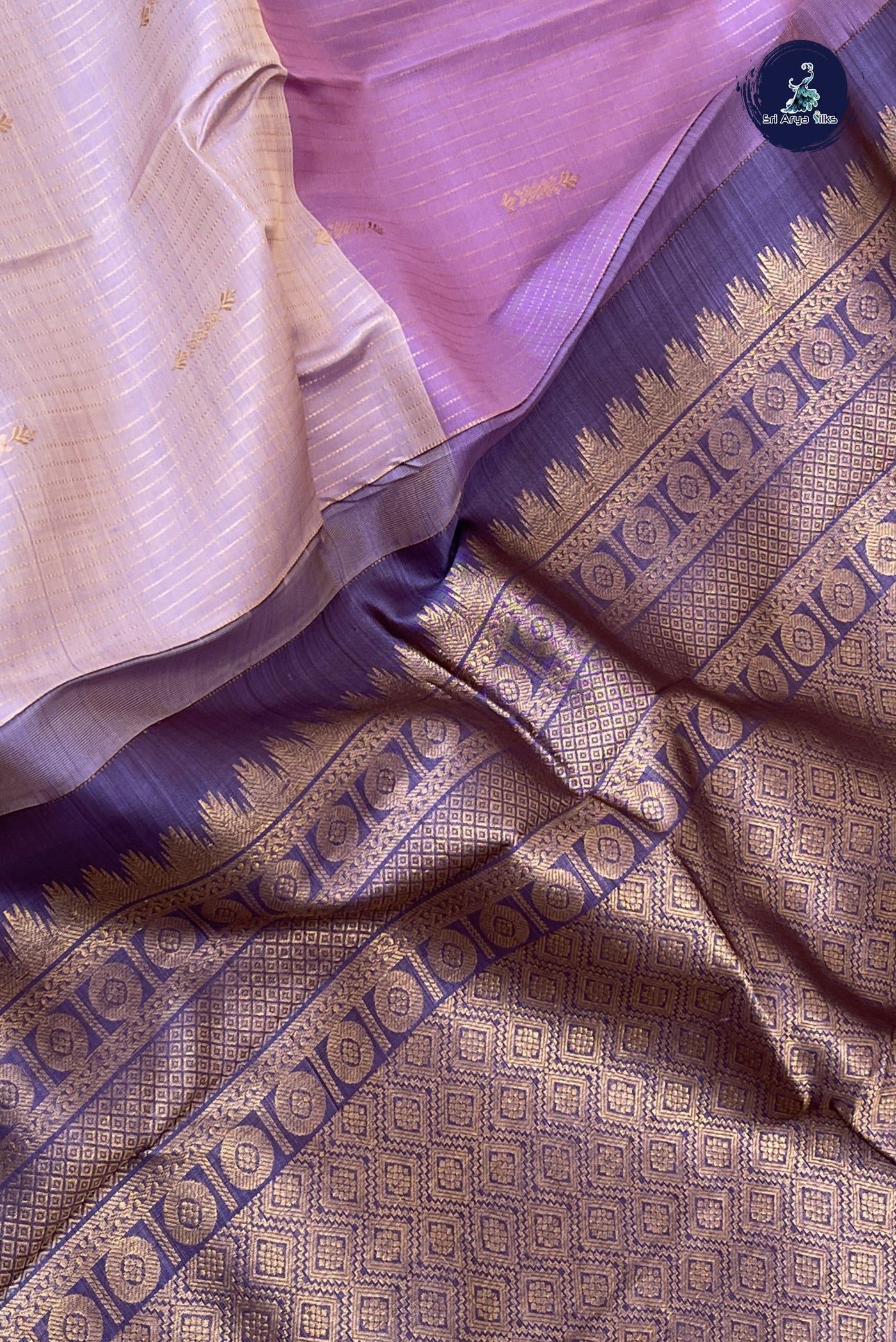 lavender Half and Half Checked Silk Saree With Stripes Pattern