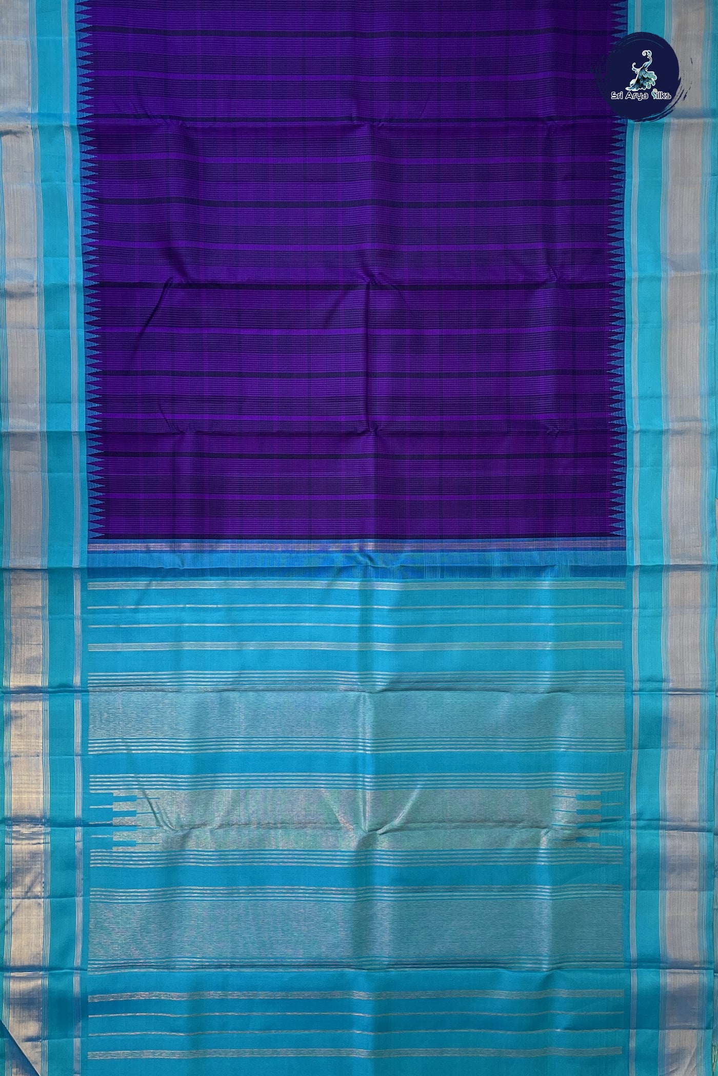 Dark Brinjal Checked Saree With Checked Pattern