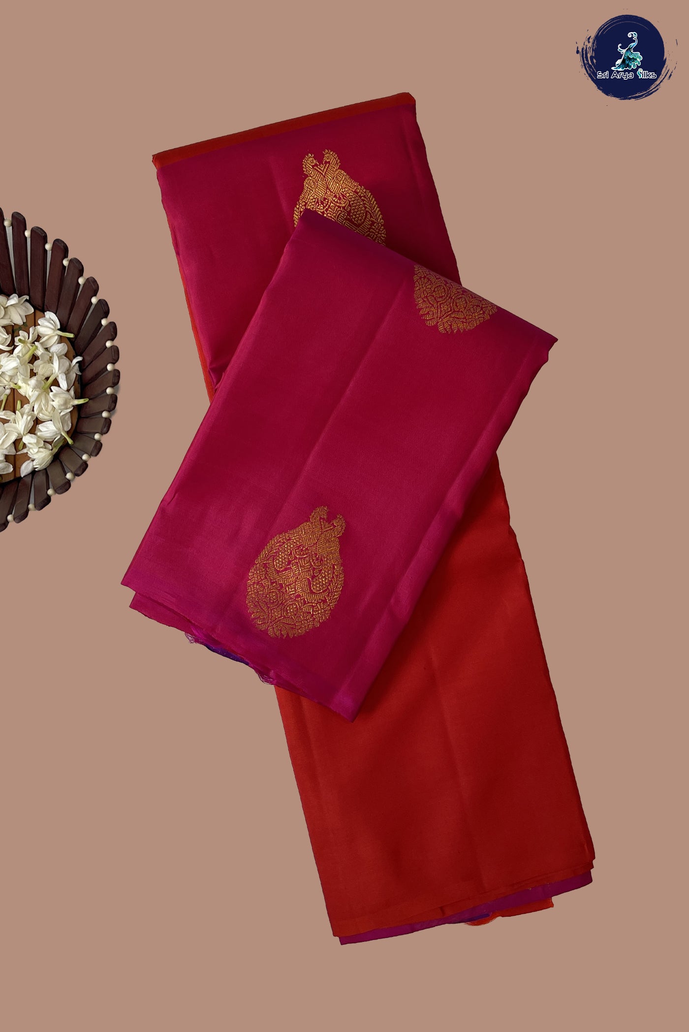 Reddish Orange Half and Half Checked Silk Saree With Zari Buttas Pattern