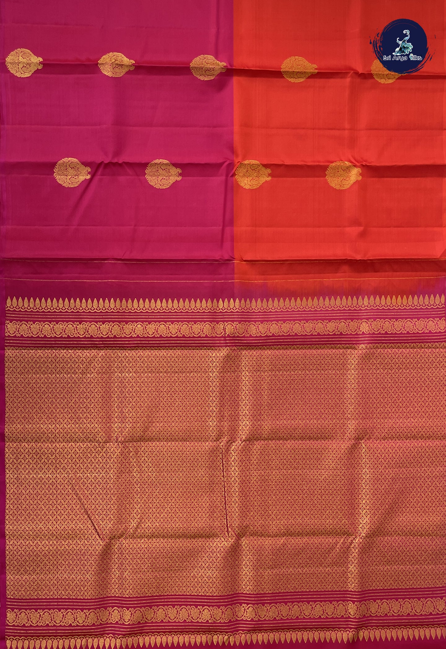 Reddish Orange Half and Half Checked Silk Saree With Zari Buttas Pattern