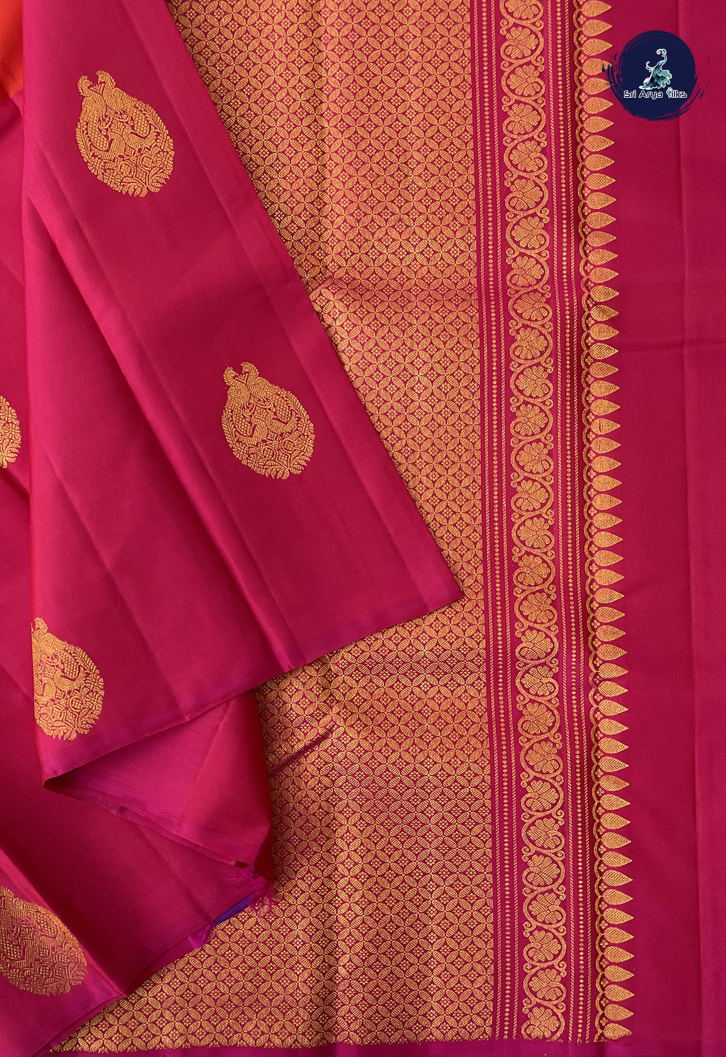 Reddish Orange Half and Half Checked Silk Saree With Zari Buttas Pattern
