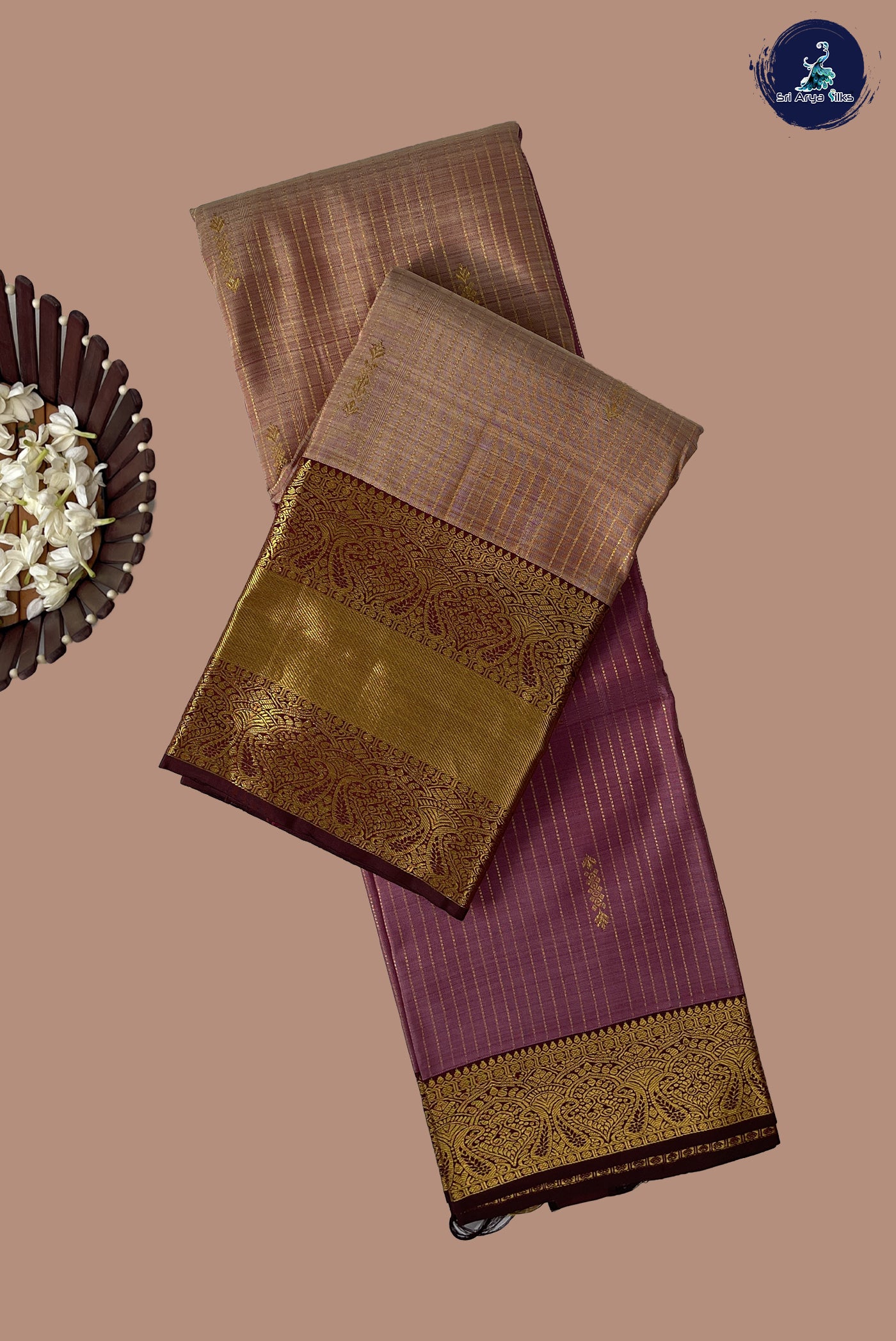 Mauve Pink Half and Half Checked Silk Saree With Stripes Pattern