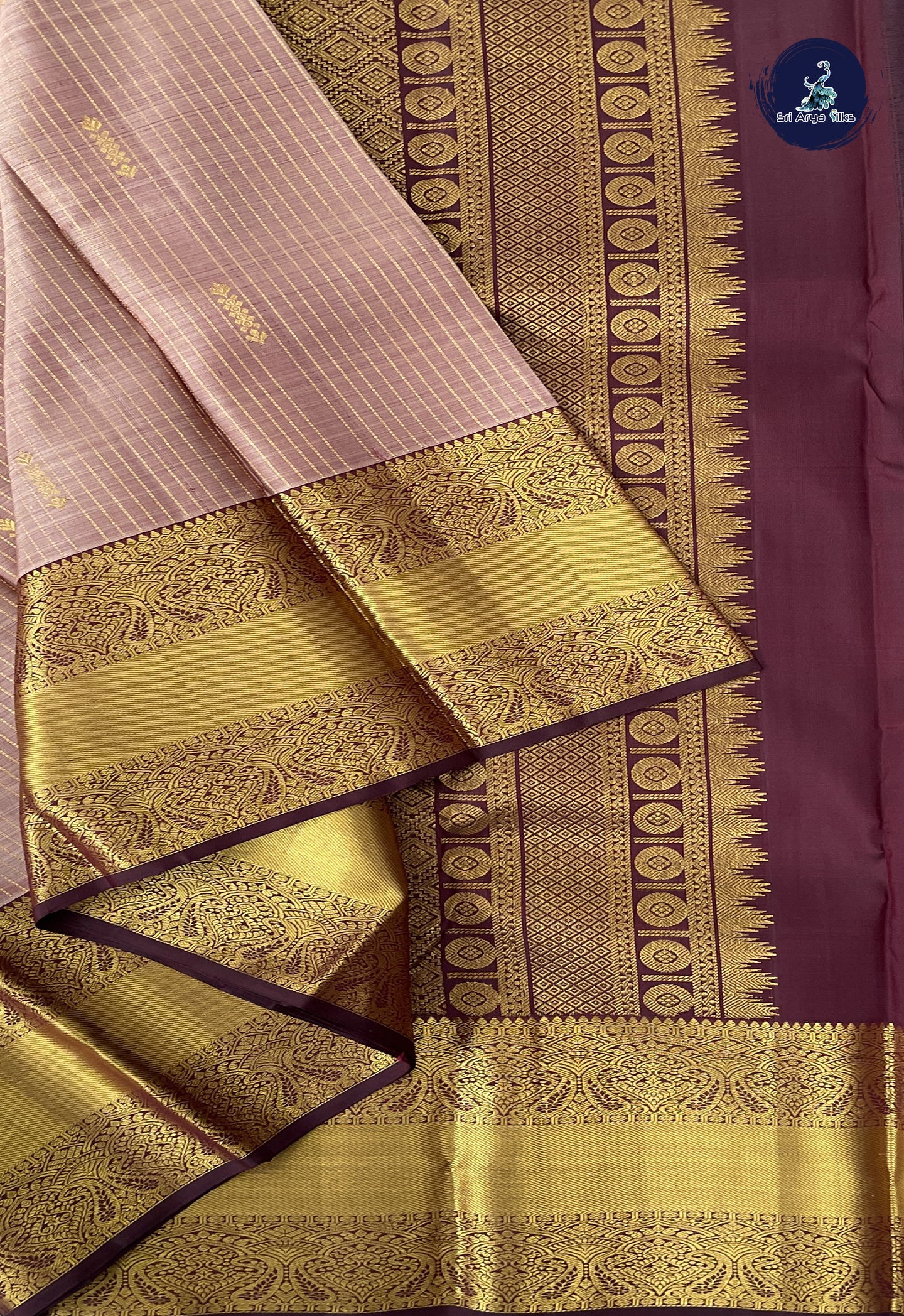Mauve Pink Half and Half Checked Silk Saree With Stripes Pattern