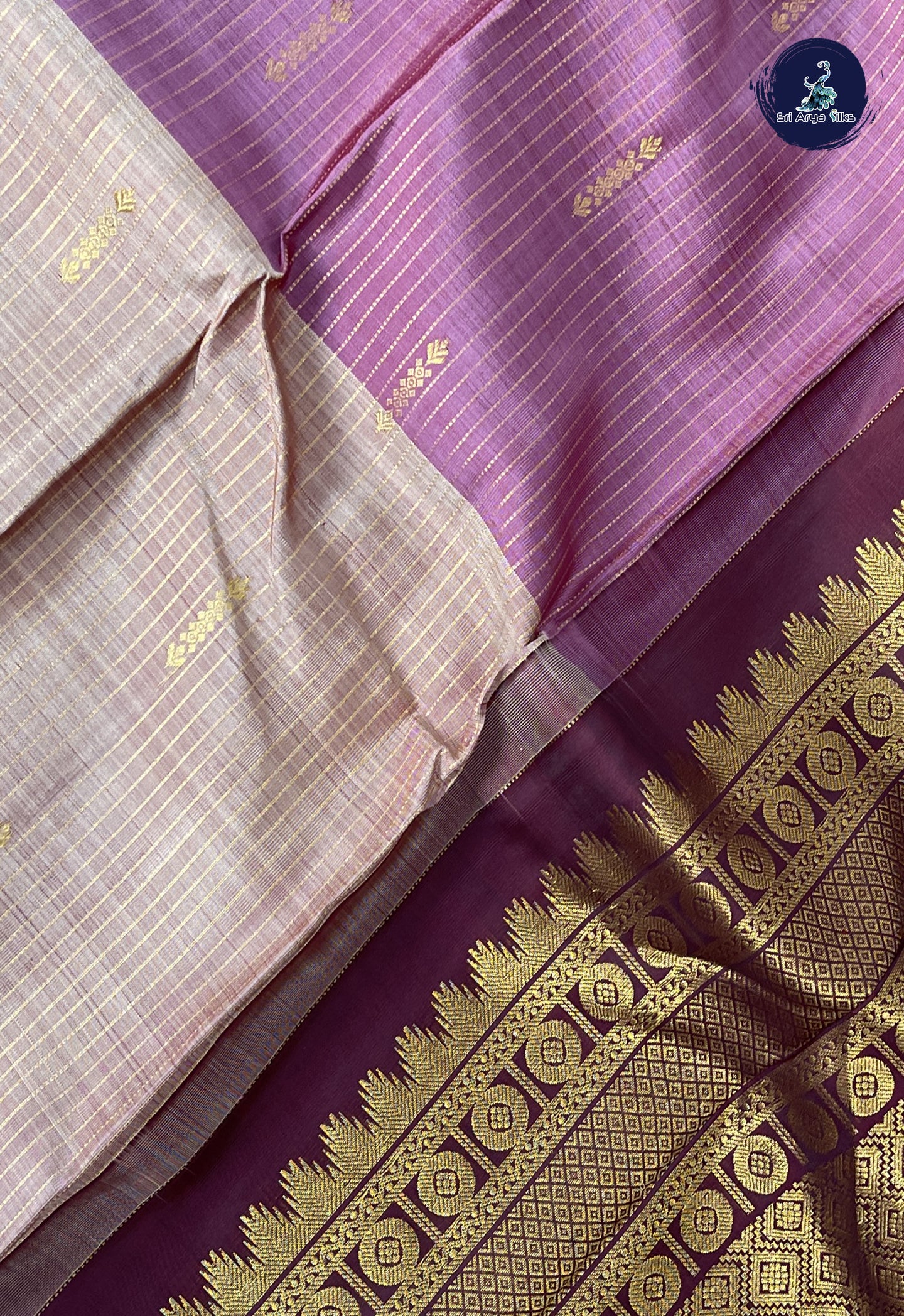 Mauve Pink Half and Half Checked Silk Saree With Stripes Pattern