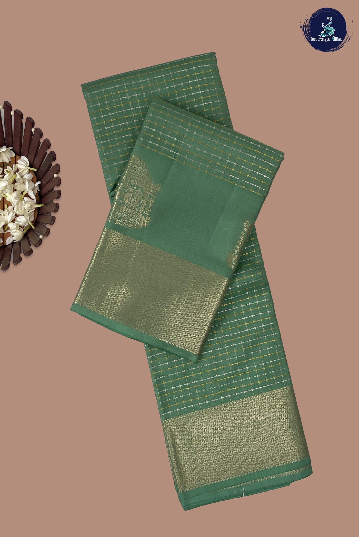 Pastel Green Bridal Silk Saree With Zari Checked Pattern