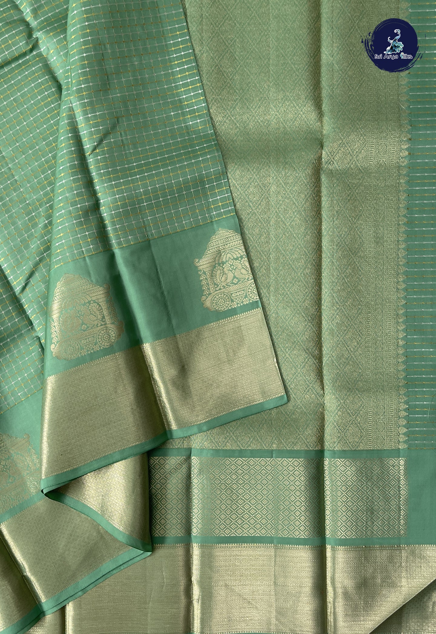 Pastel Green Bridal Silk Saree With Zari Checked Pattern
